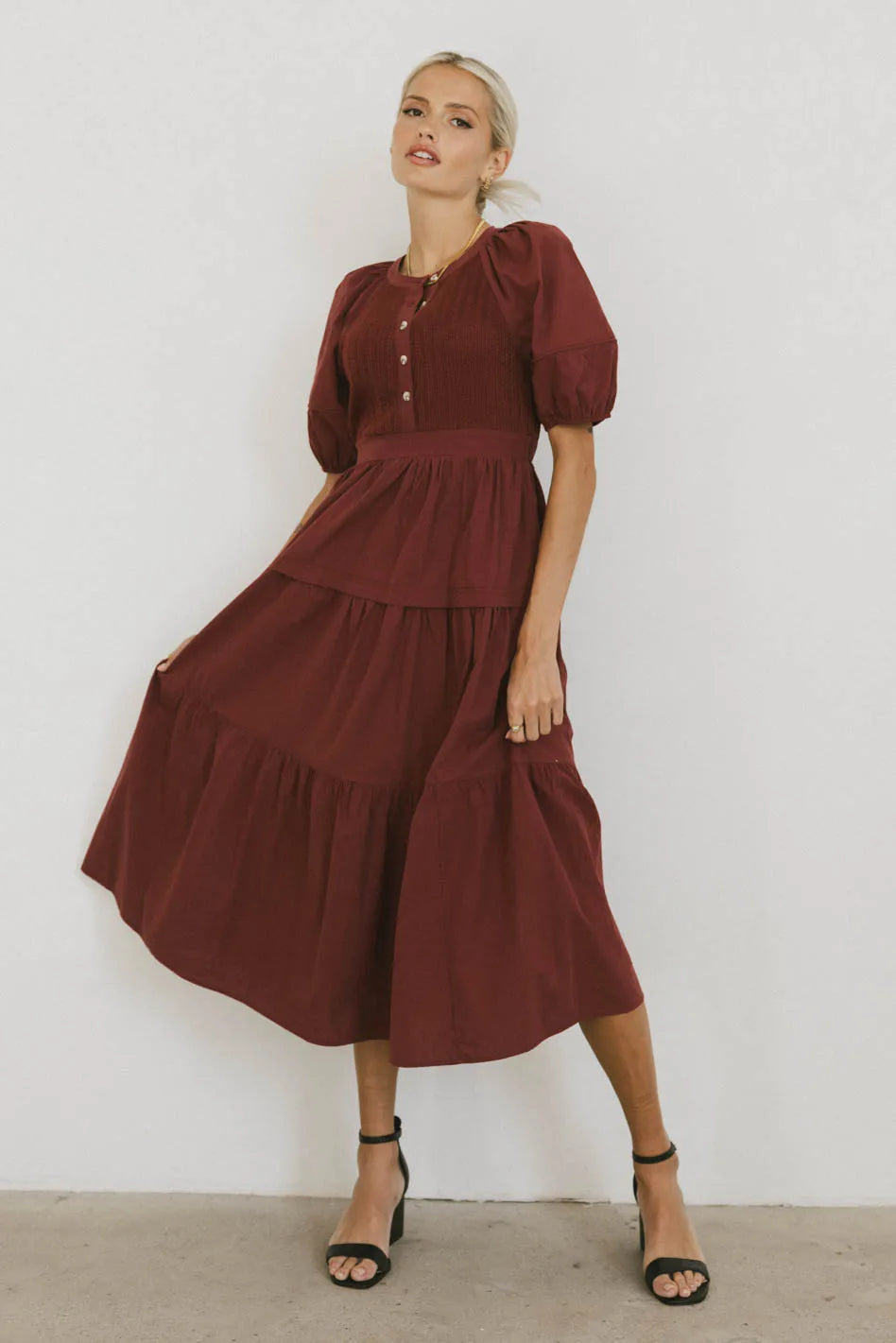 Leandra Burgundy Midi Dress for Women - Elegant A-Line Formal & Party Dress | Perfect for Weddings, Cocktail Parties & Office Wear