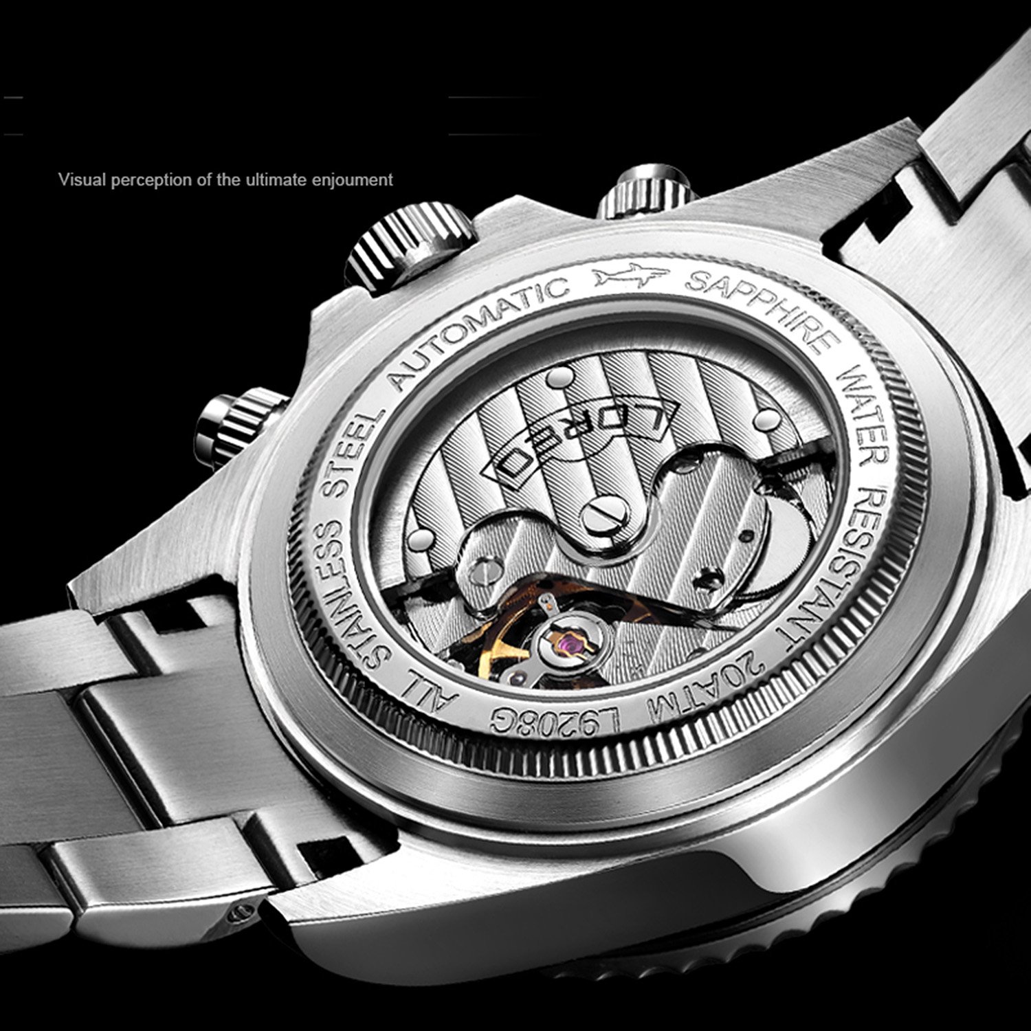 LOREO Men's Automatic Multifunction Stainless Steel Watch with Sapphire Glass - Waterproof, Silver & Black - Perfect for Business, Casual & Outdoor Activities