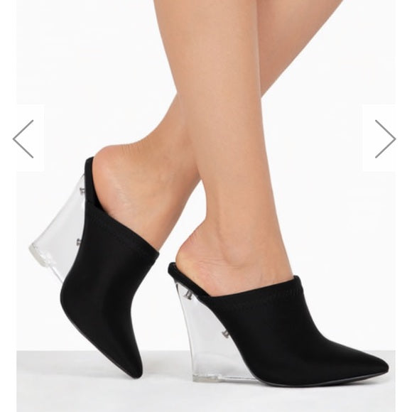 Black Lycra Wedge Heel Mules - Comfortable Slip-On Shoes for Women | Perfect for Casual Outings, Office Wear & Summer Fashion