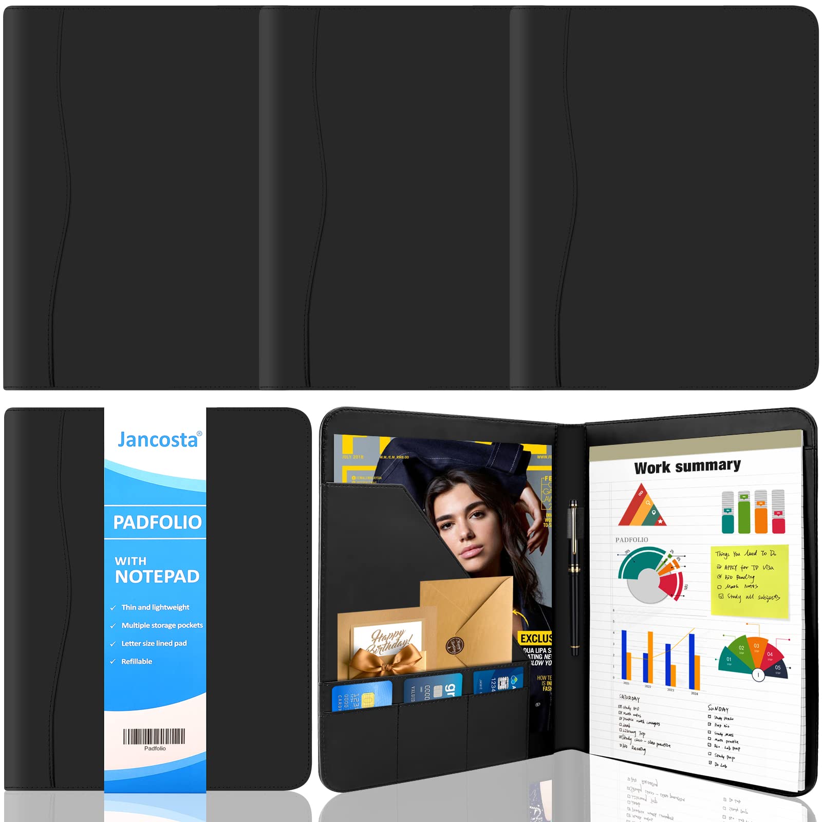 5 Pack Professional Business Padfolio Portfolio with Letter Size Writing Notepads - Executive Organizer for Meetings, Interviews & Office Use (Black)