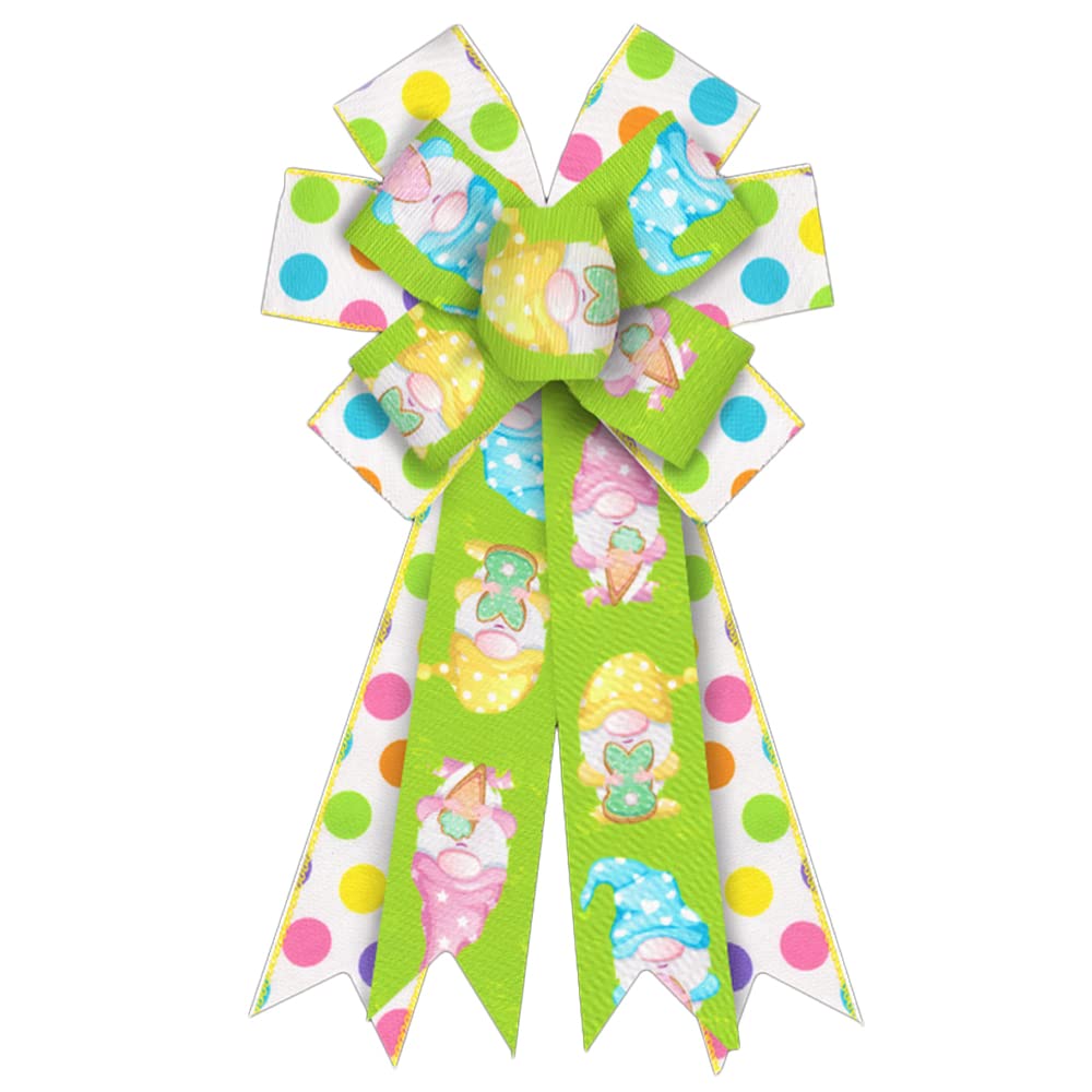 ABTOLS Large Spring Wreath Bows - Colorful Polka Dot Gnome & Bunny Bows for Easter Decor - Perfect for Front Door Wreaths, Indoor/Outdoor Tree Decorations & Holiday Home Decoration
