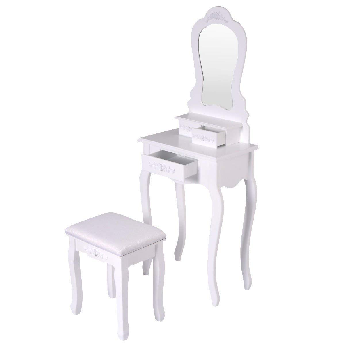 White Wooden Bathroom Vanity Set with Mirror & Makeup Stool - Modern Dressing Table for Small Spaces, Perfect for Makeup, Skincare, and Hair Styling