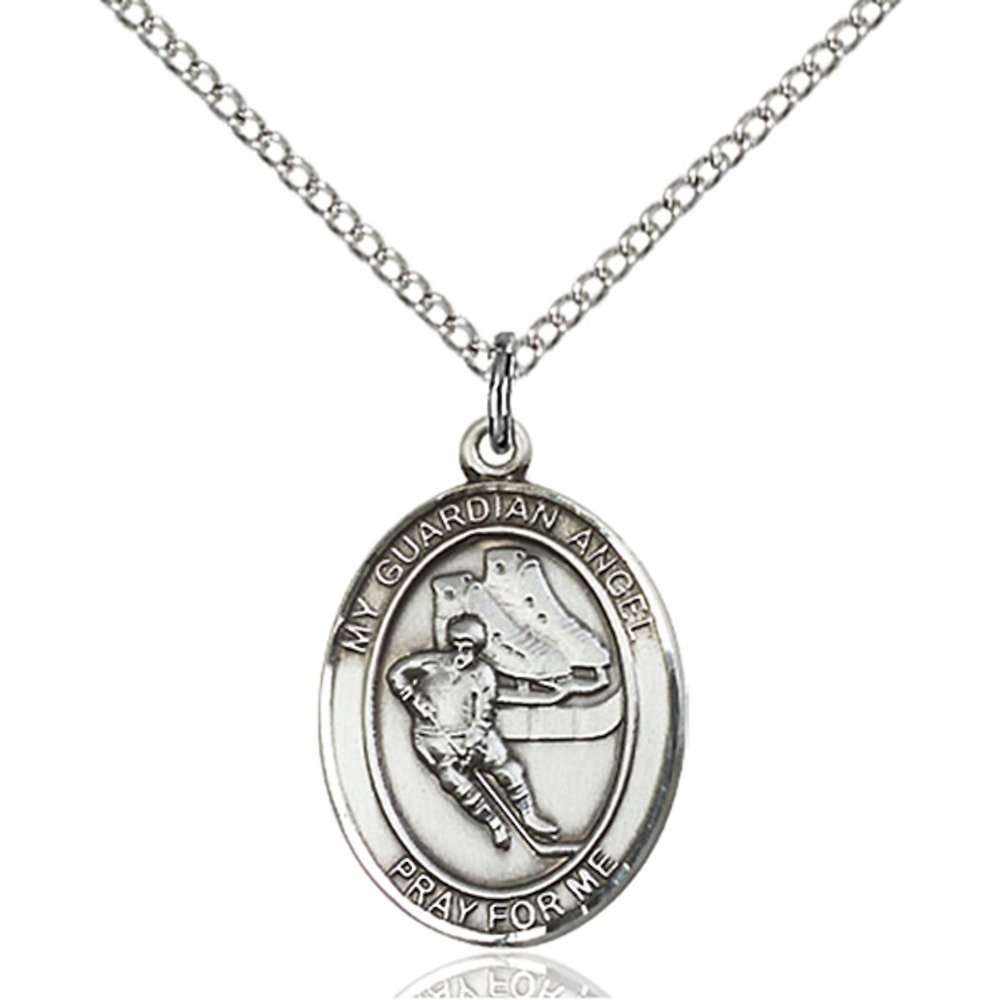 Sterling Silver Guardian Angel Hockey Medal Pendant - Handcrafted Oval Jewelry for Men & Women - Perfect Gift for Sports Fans, Athletes & Hockey Lovers