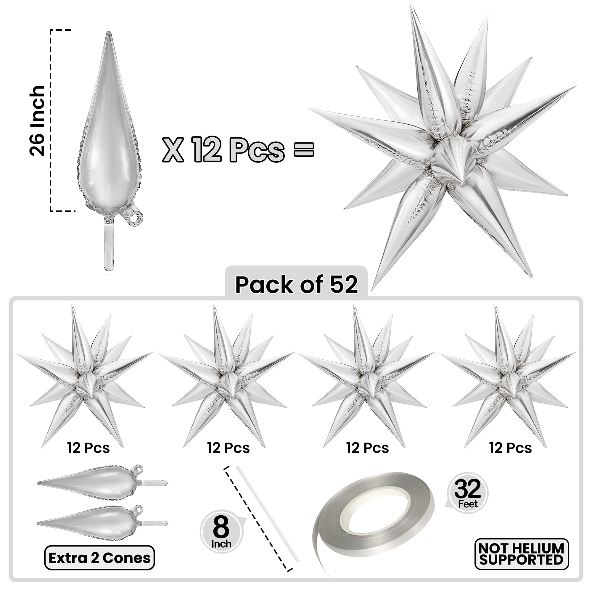 KatchOn 26 Inch Metallic Star Balloons - Pack of 50 Silver Foil Spikes for Graduation Party Decorations, Prom Decor, Class of 2025 Celebration - Perfect for Graduation Ceremonies, Prom Nights, Birthday Parties & Special Events