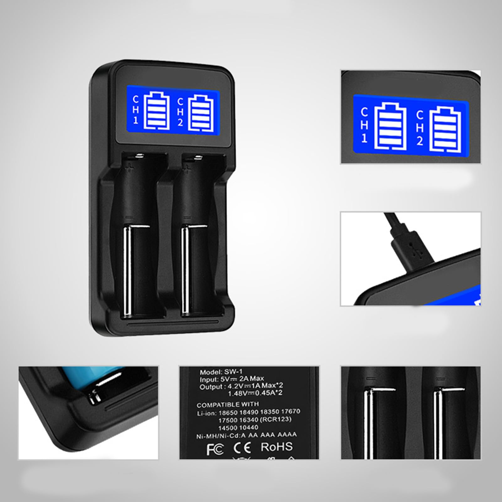 2-Slot LCD Charger for 18650/18490/18350/17670/17500/16340/14500 Rechargeable Batteries - Universal Battery Charger for Flashlights, Vape Mods & Electronic Devices