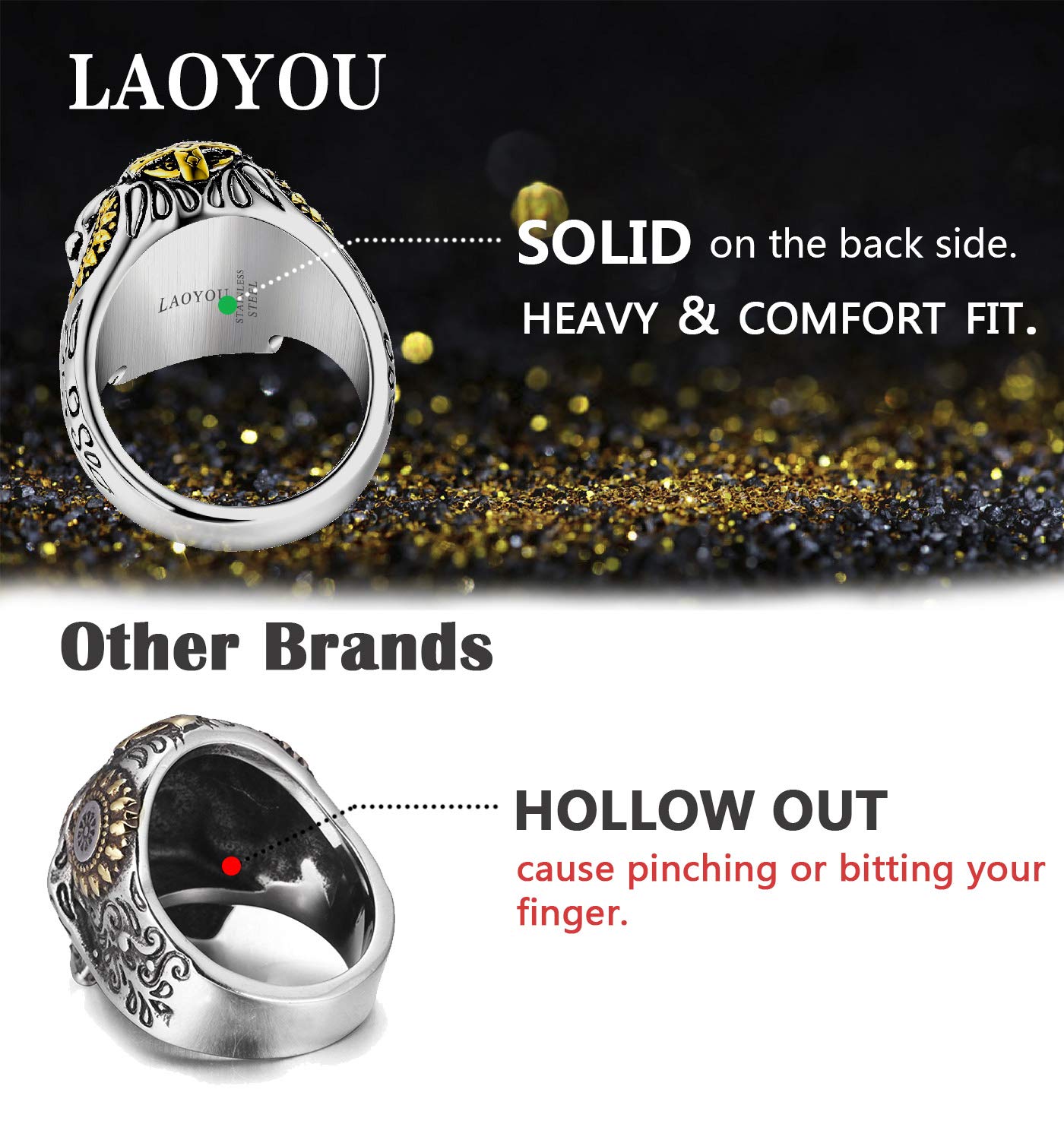 LAOYOU Sugar Skull Rings for Men & Women - Stainless Steel Gothic Biker Jewelry, Day of The Dead Inspired Punk Accessories - Perfect for Halloween, Christmas Gifts & Biker Fashion
