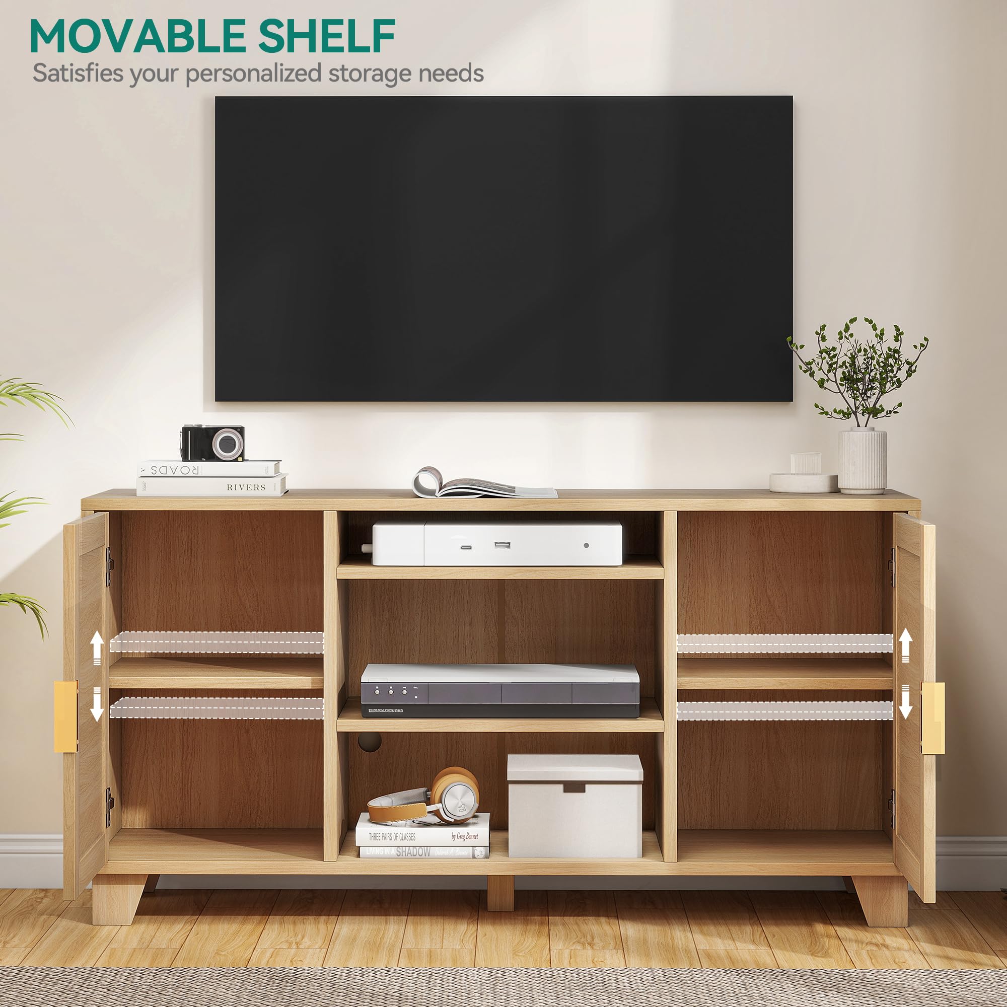 YITAHOME 65 Inch TV Stand with Rattan Doors - Boho Entertainment Center with Storage Cabinets & Adjustable Shelves, Long Media Console for Living Room, Bedroom, or Home Theater