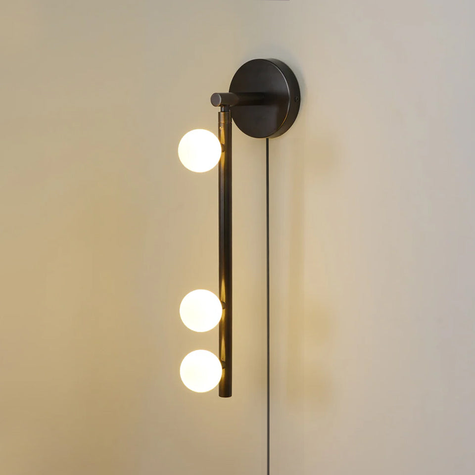 Vintage Brass Wall Sconce with Glass Tube Shade - Plug in Wall Lamp for Bedroom, Living Room, or Hallway Lighting