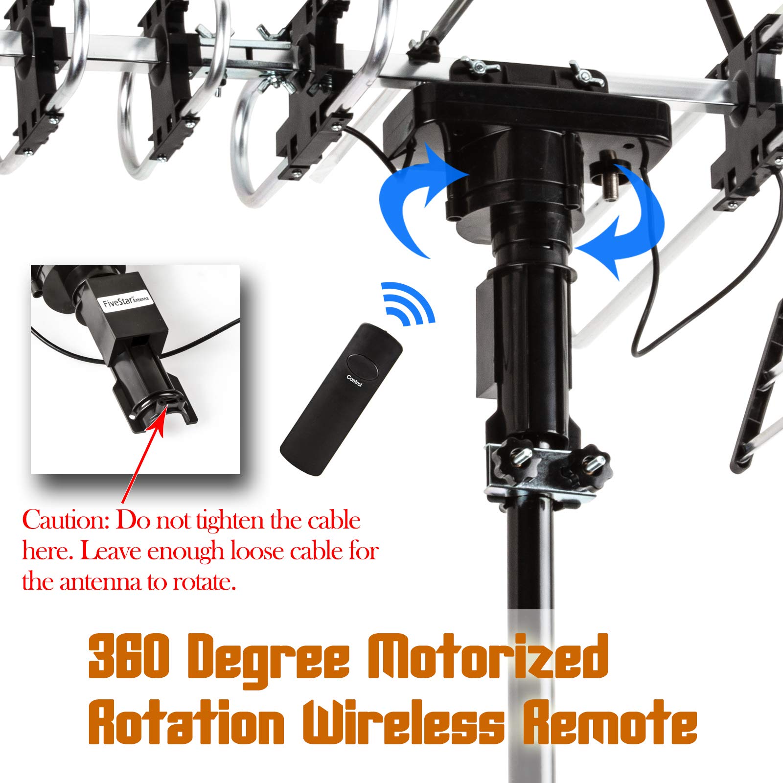 Five Star Outdoor HD TV Antenna - 200 Miles Range, Motorized 360° Rotation, UHF/VHF/FM Radio with Remote - Perfect for Rural Areas, Camping & RV Use