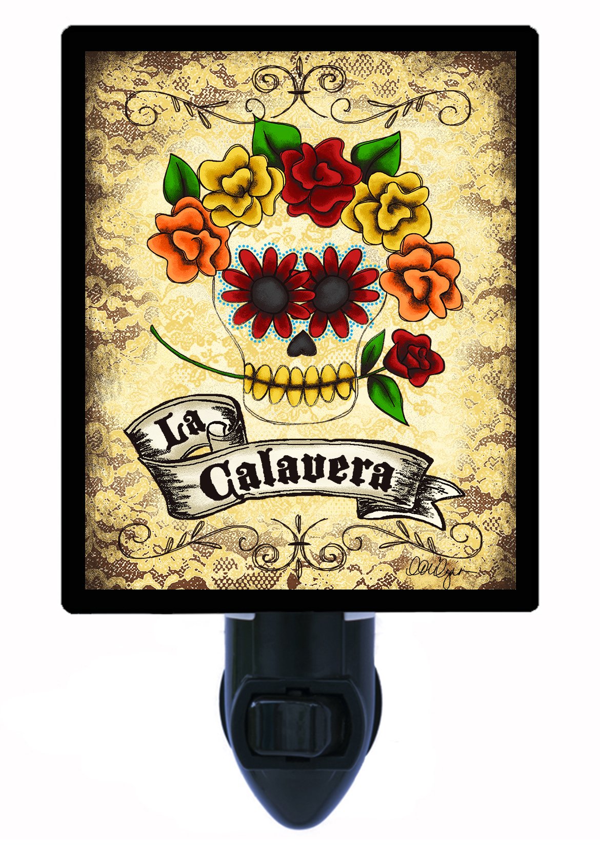 La Calavera Skull & Flowers LED Night Light - Día de Muertos Decor, Halloween & Holiday Nightlight for Bedroom, Nursery, or Bathroom