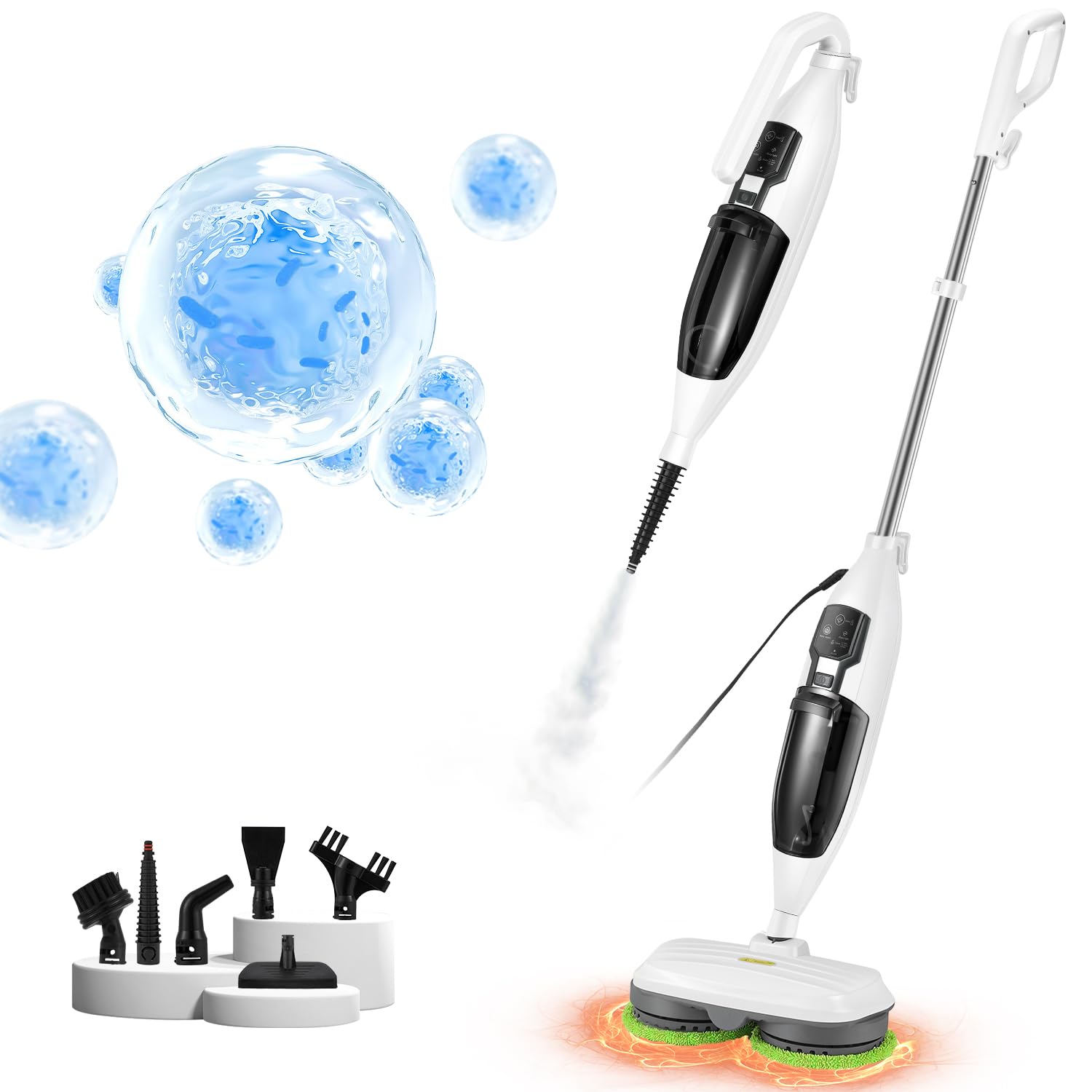 15 in 1 Electric Spin Mop Cleaner with Detachable Handheld Unit - Steam Mop for Hardwood, Laminate Floors, Tile Grout & Car Cleaning - 120V Powerful Steam Cleaner for Home, Kitchen & Bathroom Deep Cleaning