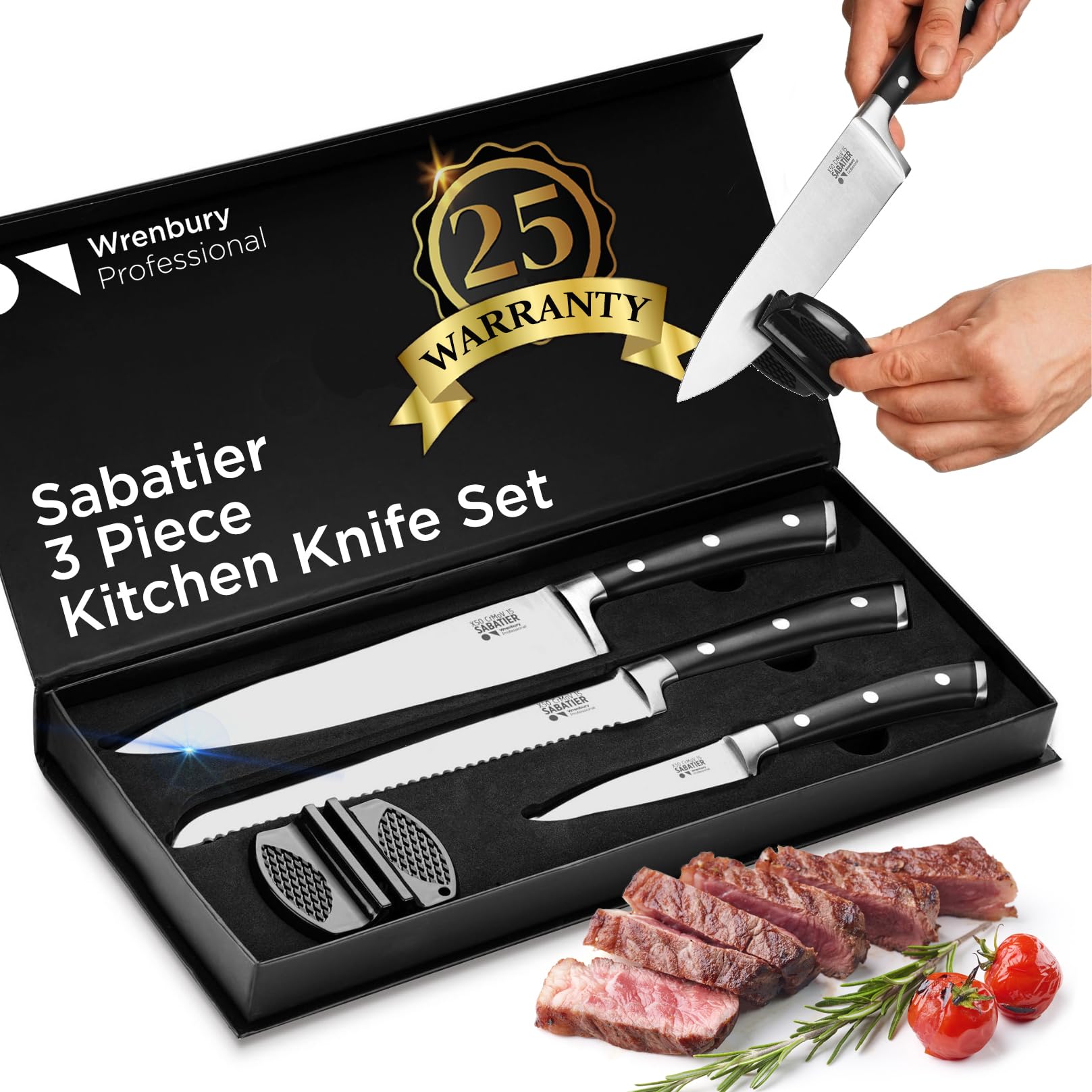 Wrenbury Professional 3-Piece German Stainless Steel Kitchen Knife Set - Ultra Sharp Sabatier Chef, Utility & Paring Knives with Sharpener - Full Tang Design for Precise Cutting - Perfect for Home Cooking, Meal Prep & Professional Kitchens