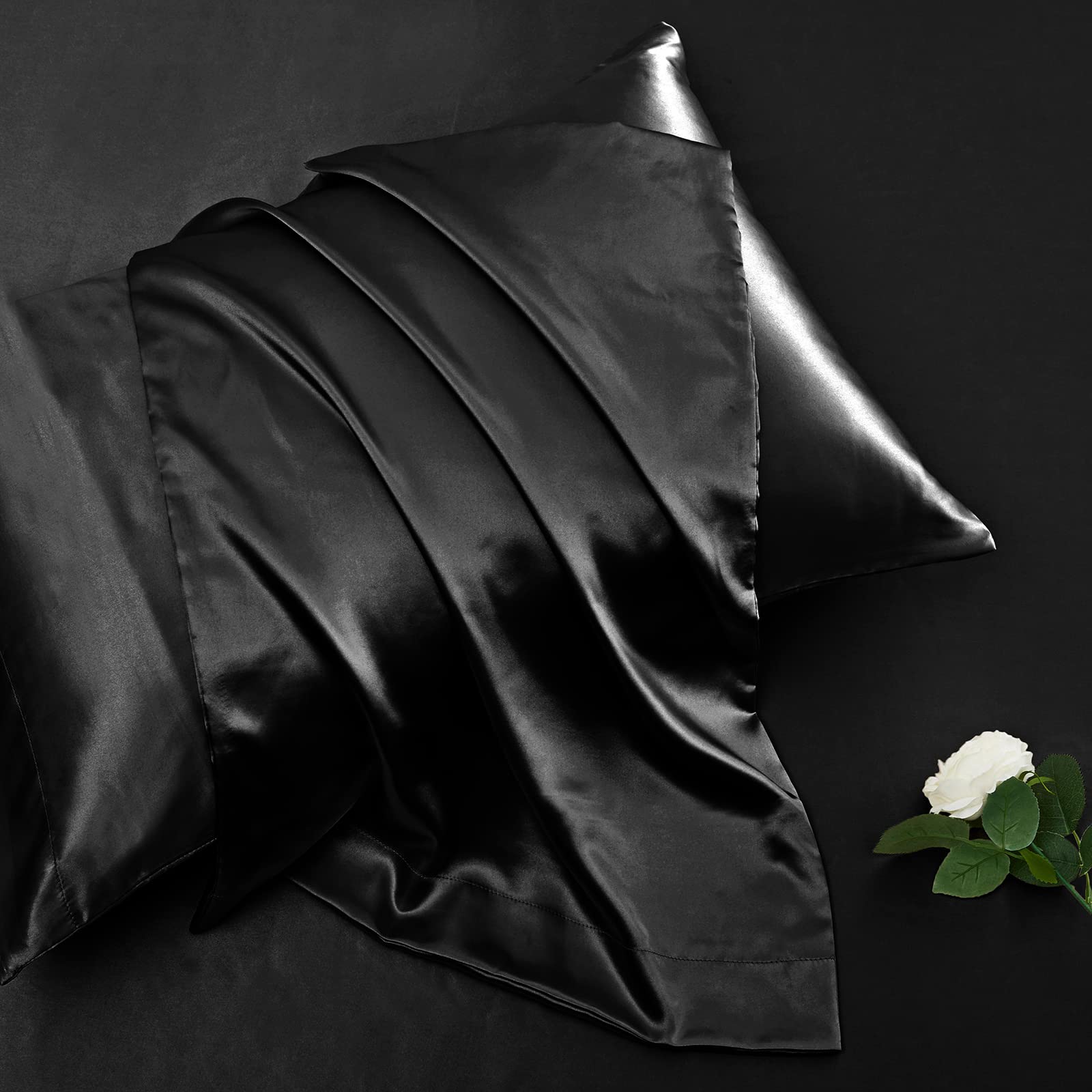 Vonty Cooling Satin Queen Sheet Set - 4 Piece Extra Deep Pocket (18-24 Inch) Silky Soft Bed Sheets for Queen Size Mattress | Breathable & Luxurious Black Satin Bedding for All Seasons - Perfect for Hot Sleepers, Master Bedrooms & Guest Rooms
