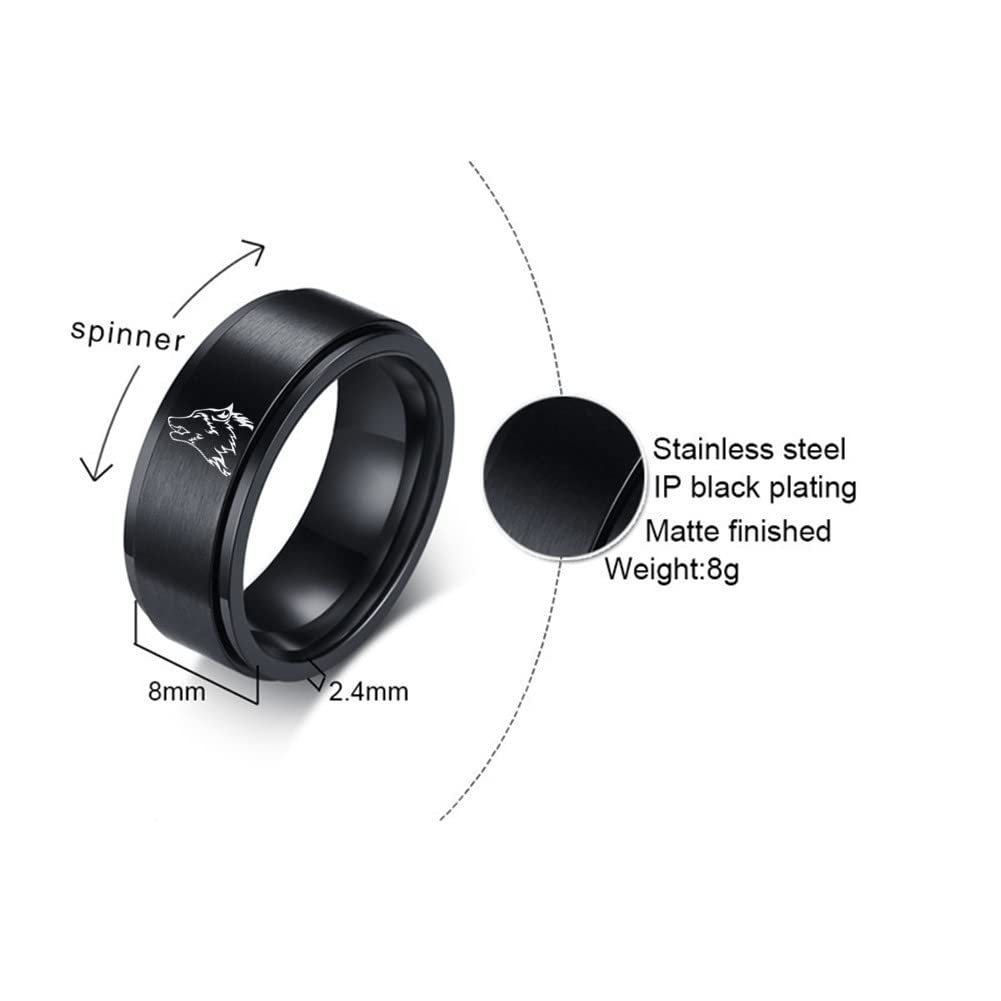 Viking Wolf Spinner Ring for Men & Women - Stainless Steel Wolf Head Anxiety Relief Ring - Norse Fenrir Wolf Jewelry Gift - Black Size 8 - Perfect for Viking Lovers, Anxiety Relief & Unique Fashion Statement