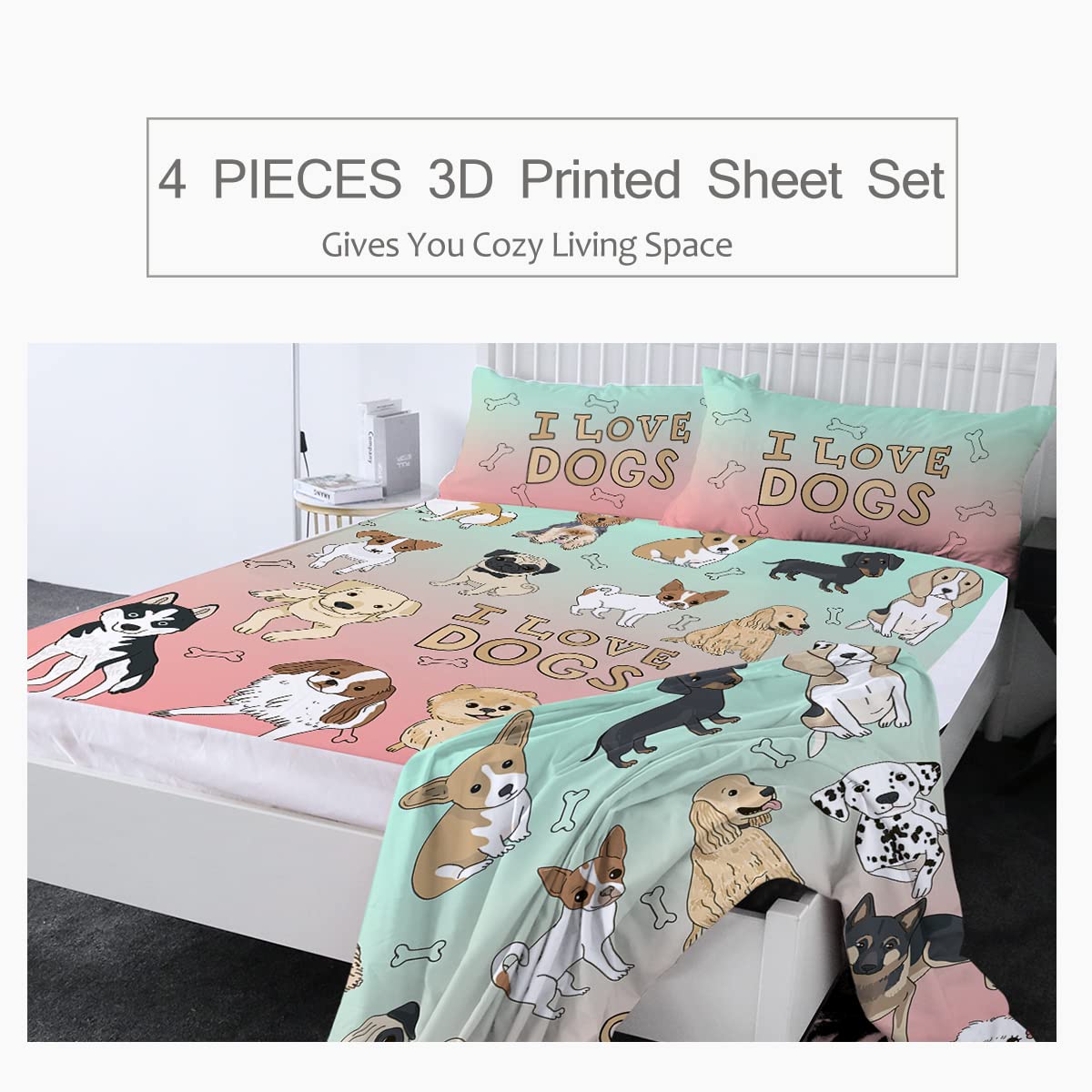 Sleepwish Queen Size 4-Piece Dog Lover Bedding Set - Cute Puppy Dog Pattern Sheets in Pink & Green (1 Fitted Sheet, 1 Flat Sheet, 2 Pillowcases) | Perfect for Dog Themed Bedrooms, Pet Lover Gifts & Cozy Home Decor