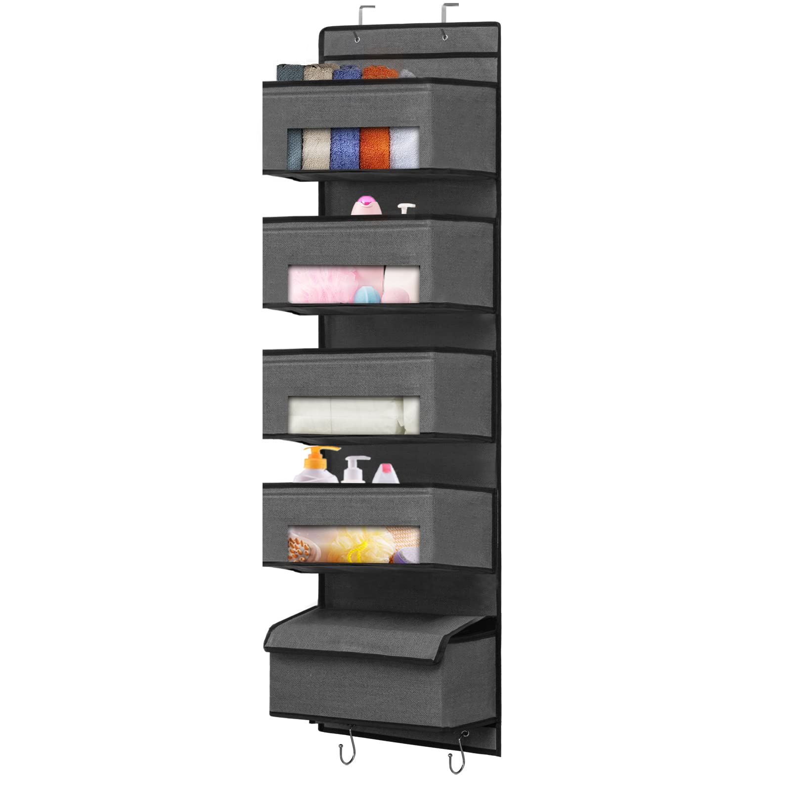 Over Door Hanging Organizer with 5 Large Pockets & Clear Window - Closet Door Storage for Baby Nursery, Bedroom, Pantry & Bathroom - Space Saving Grey Organizer with 4 Metal Hooks - Perfect for Storing Toys, Clothes & Essentials
