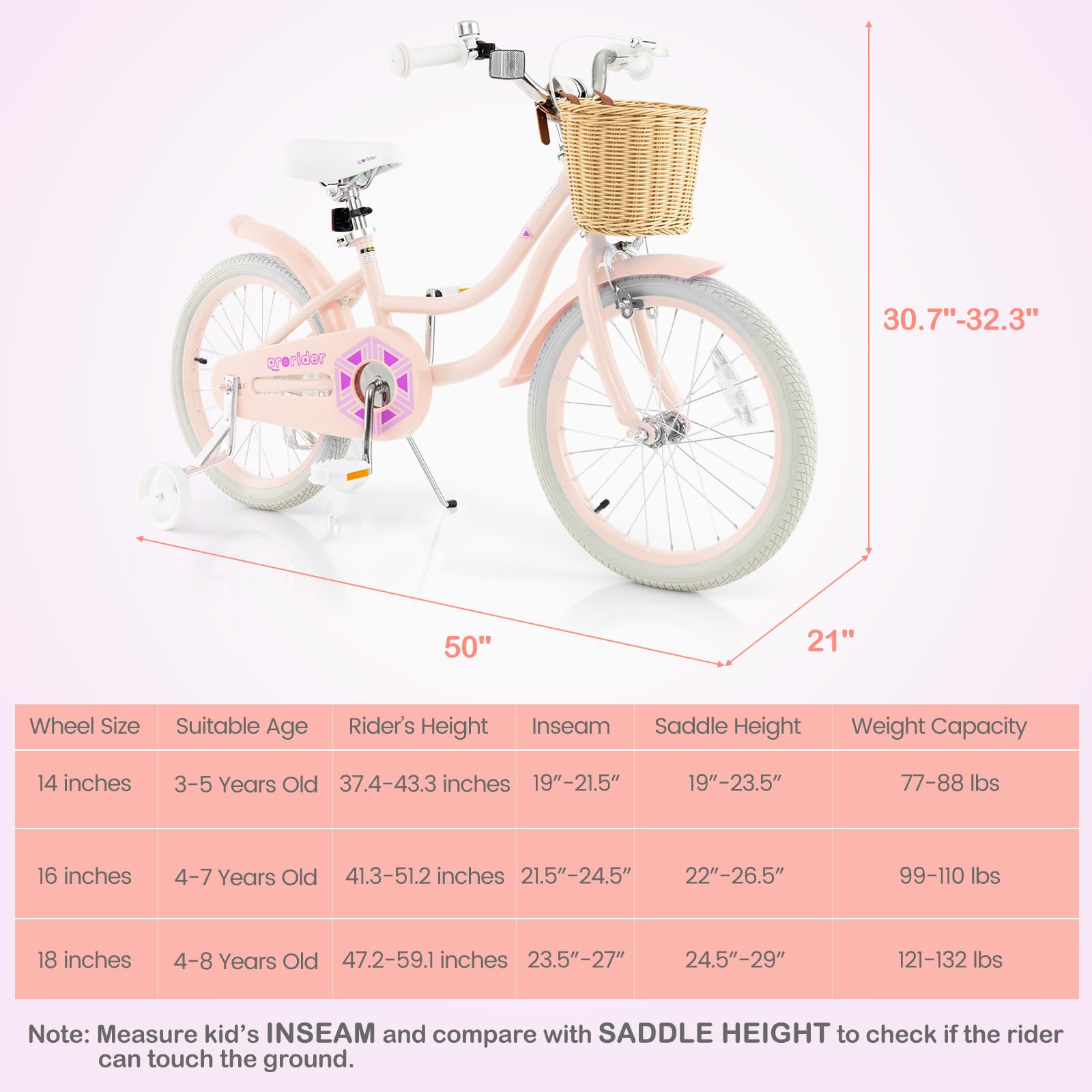 BABY JOY 14 16 18 Inch Kids Bike for Boys & Girls Ages 3-8 - Retro Children's Bicycle with Training Wheels, Adjustable Seat, Rattan Basket & Dual Brakes (Pink, Green, Blue) - Perfect for Neighborhood Rides, Park Adventures & Learning to Cycle