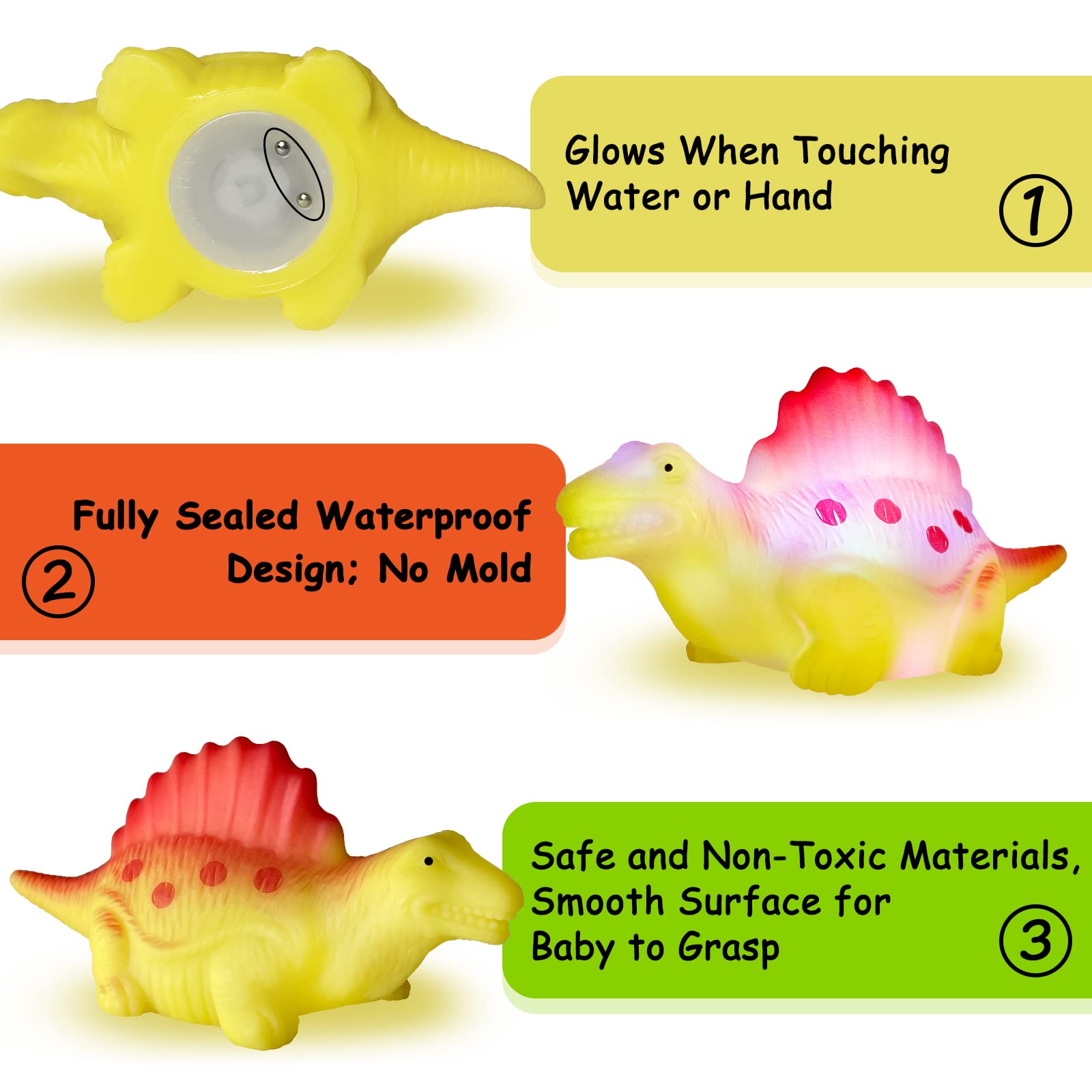 Glow in The Dark Floating Dinosaur Bath Toys - 6 Pack No Hole Baby Bathtub Toys for Toddlers & Kids | Perfect Birthday, Christmas, Easter Gift for Boys & Girls | Fun Sensory Play for Preschool Bathtime & Pool Parties