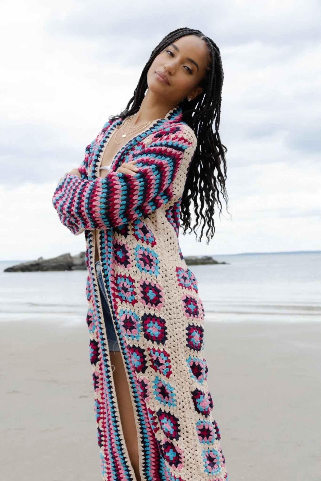 Handmade Crochet Cotton Square Kimono Cardigan - Boho Chic Lace Cover-Up for Beach, Summer, and Festival Wear