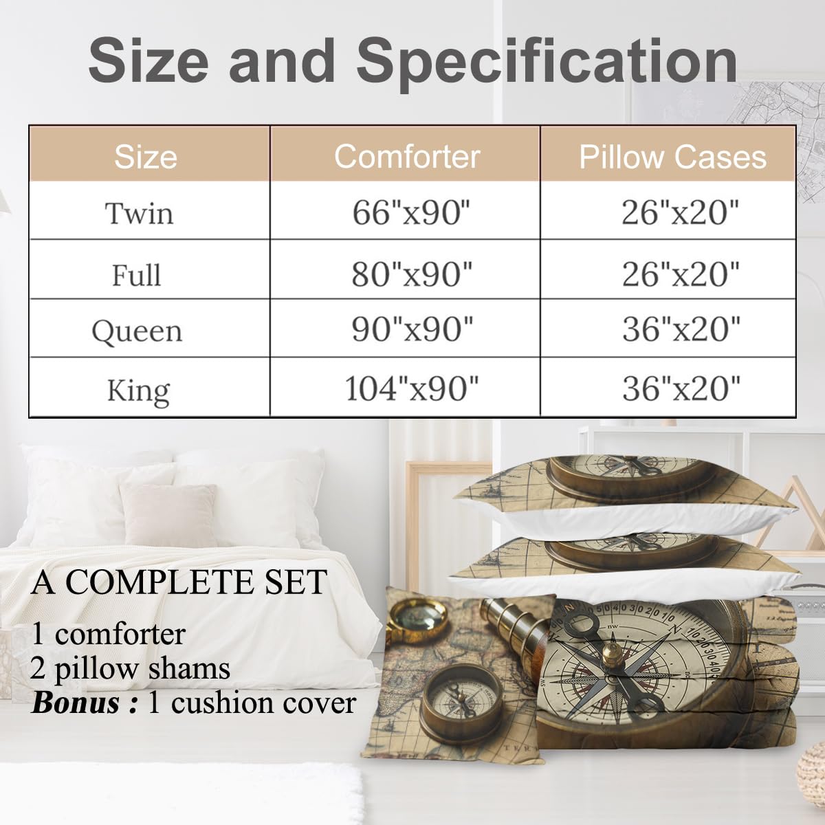 **Sleepwish King Size Nautical Comforter Set - Anchor & Compass Navigation Map Design, 4-Piece Pirate-Themed Bedding Set with Comforter, Shams & Cushion Cover - Perfect for Coastal, Adventure & Pirate-Themed Bedrooms**