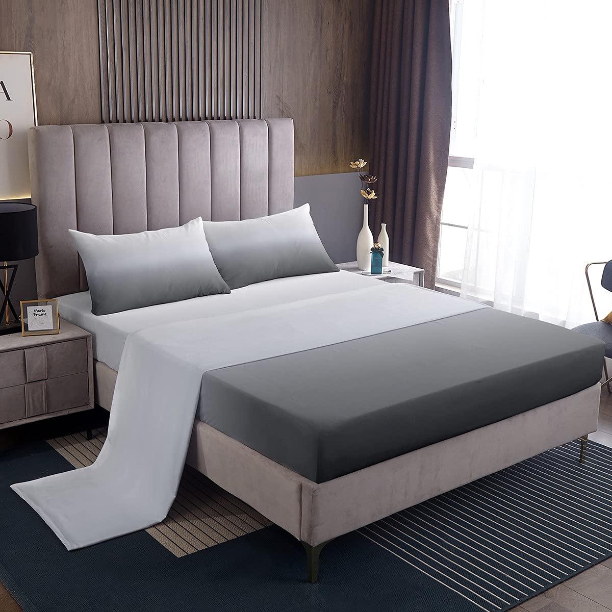 Grey Ombre Fitted Sheet Set - Queen Size Gradient Bed Sheets for Kids, Boys, Girls, Women & Men - 3D Farmhouse Modern Abstract Design - Deep Pocket Elastic - Perfect for Home, Bedroom Decor & Guest Room