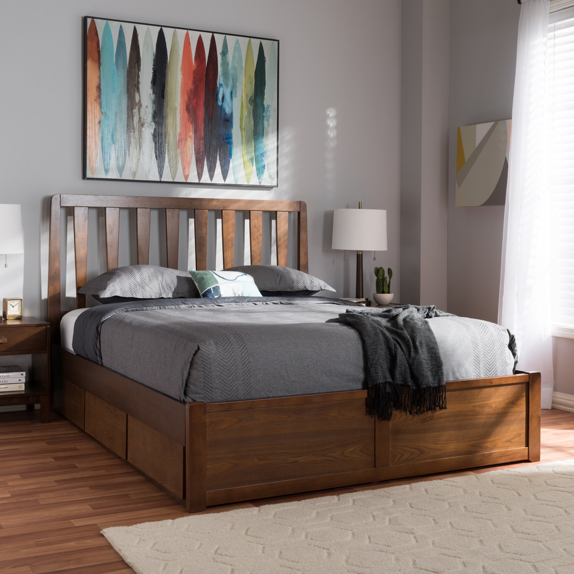 Baxton Studio Raurey Modern Walnut Queen Size Storage Platform Bed with Headboard - Stylish and Functional Bedroom Furniture for Small Spaces & Guest Rooms