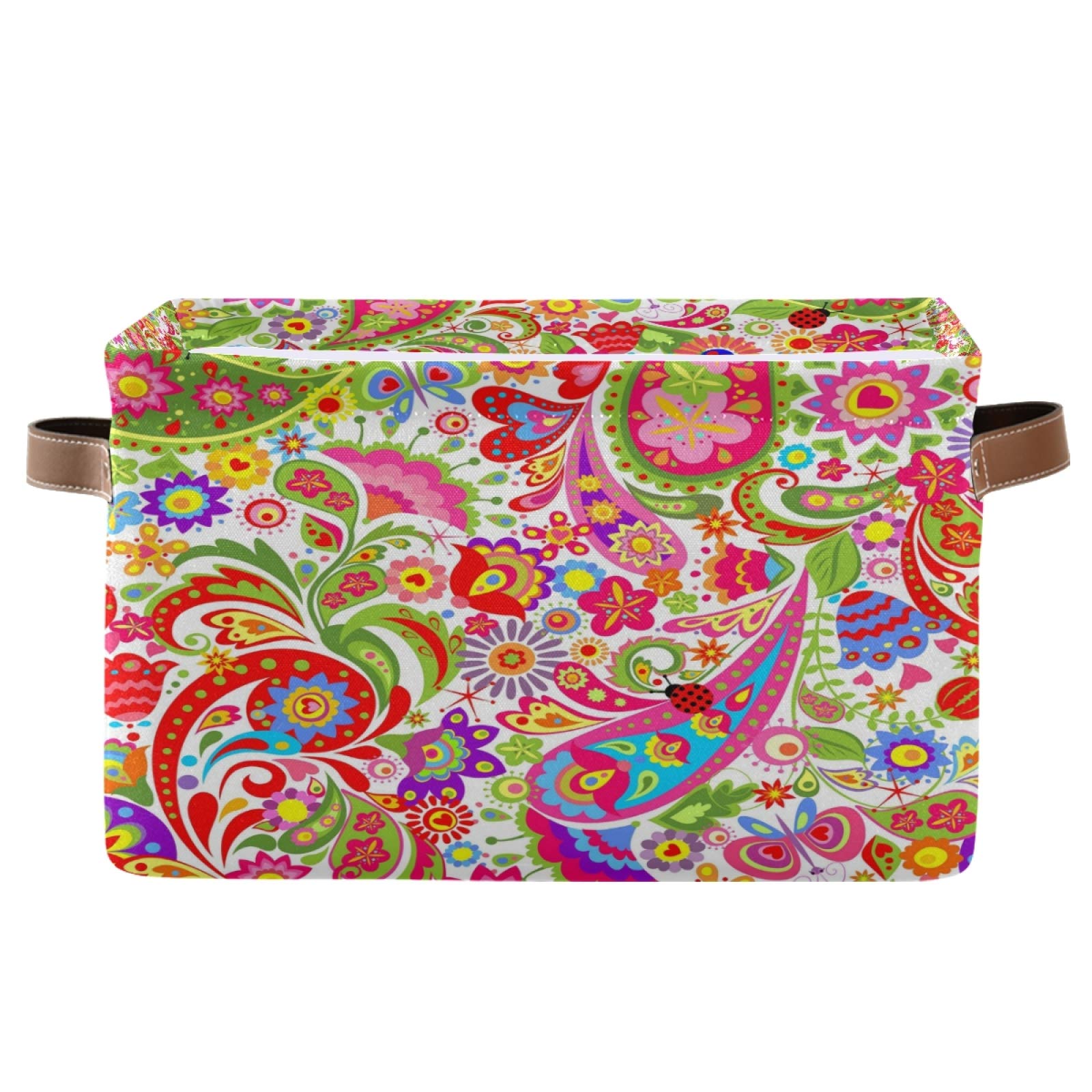 AUUXVA Collapsible Storage Basket - Durable Canvas Paisley Floral Cube Box with Handles for Toys, Clothes & Home Organization | Perfect for Bedroom, Closet, Shelf & Office Storage