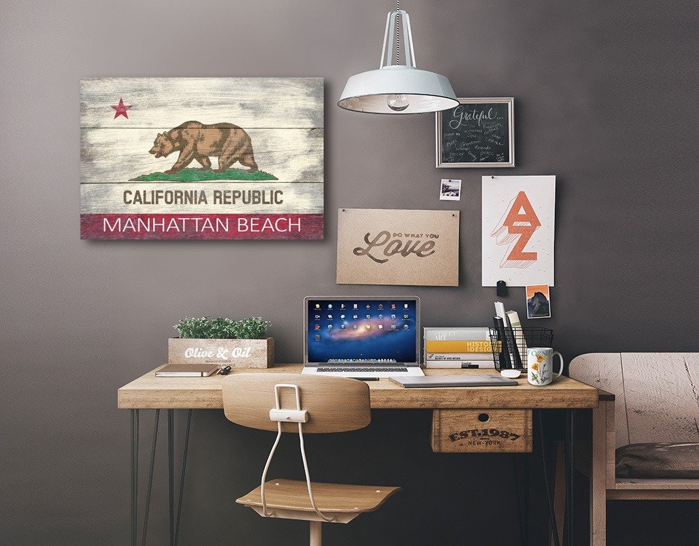 Lantern Press Manhattan Beach California Rustic State Flag Art - 16x24 Wrapped Canvas Wall Decor for Home, Office & Coastal Living Spaces