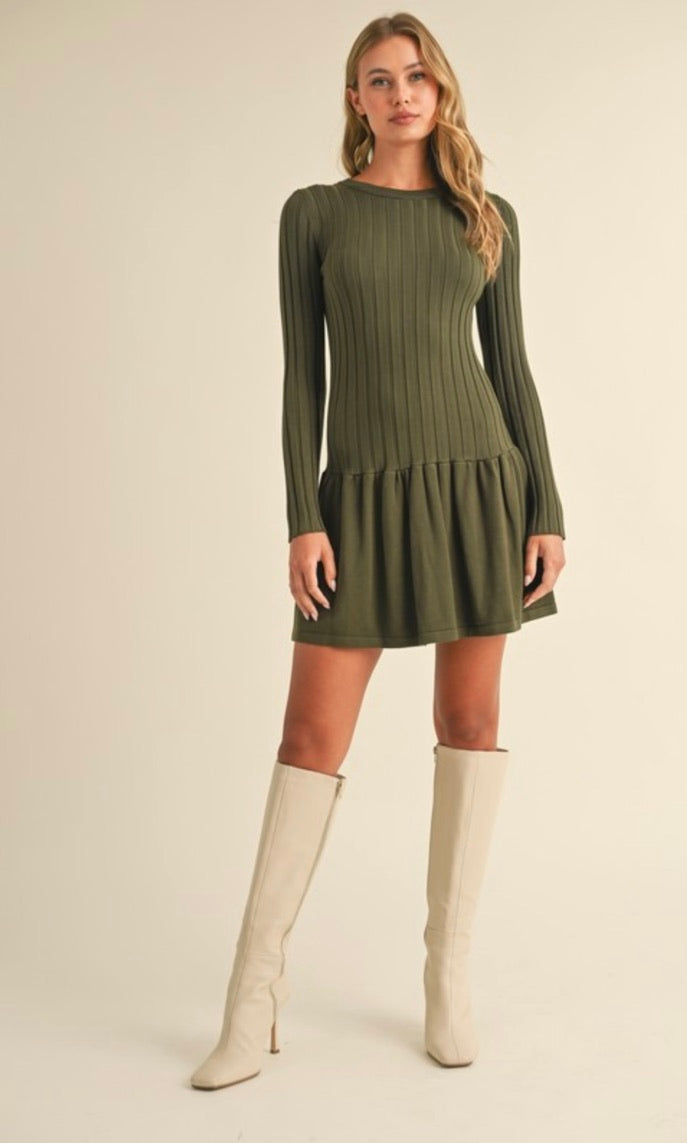 Olive Ribbed Long Sleeve Crewneck Drop Waist Flare Dress for Women | Elegant Fall Winter Outfit for Casual Wear, Office, Date Night & Special Occasions