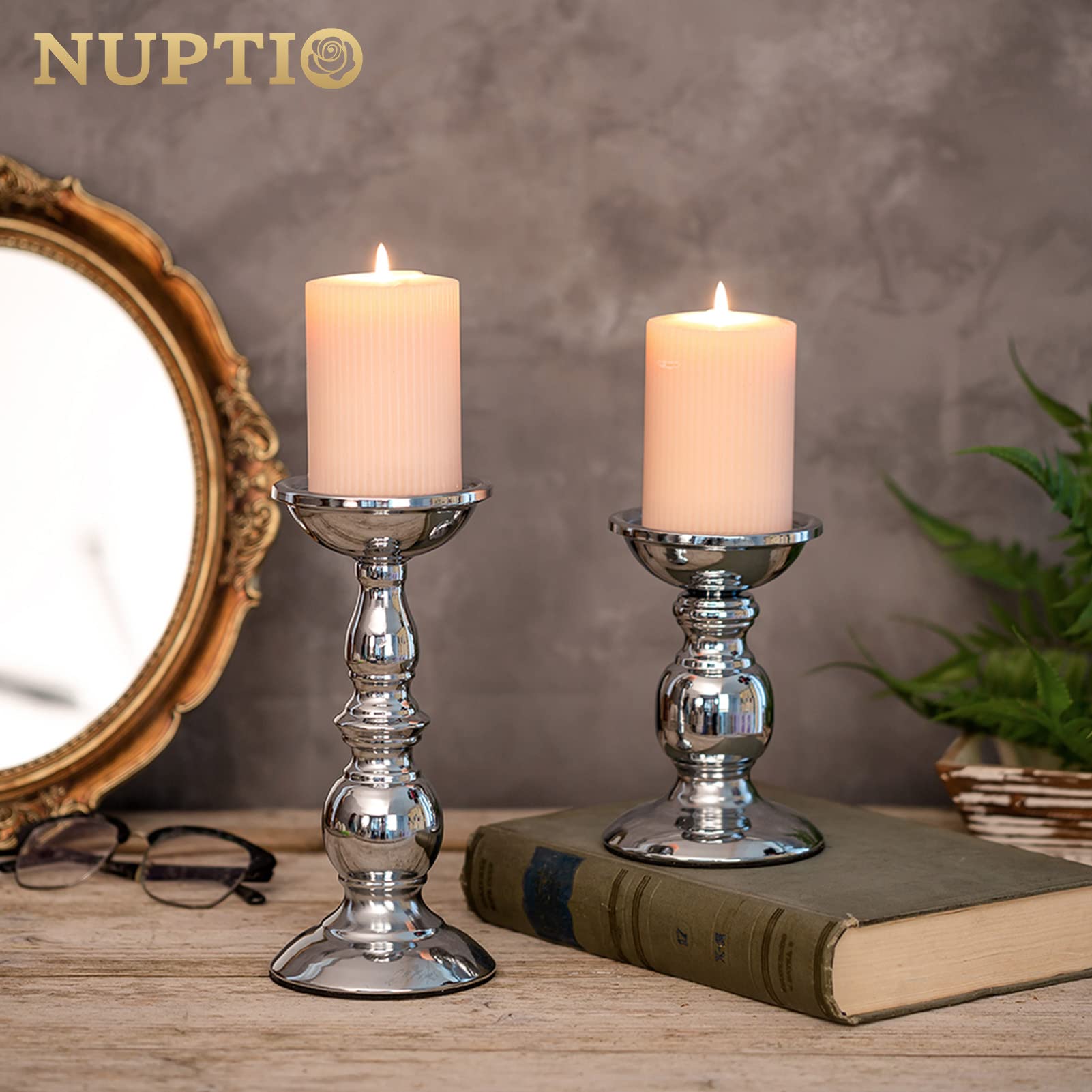 Elegant Silver Metal Pillar Candle Holders for 3-Inch Candles - Set of 2 | Perfect for Living Room Decor, Garden Ambiance, Spa Relaxation, Aromatherapy, Incense Cones, Weddings & Parties