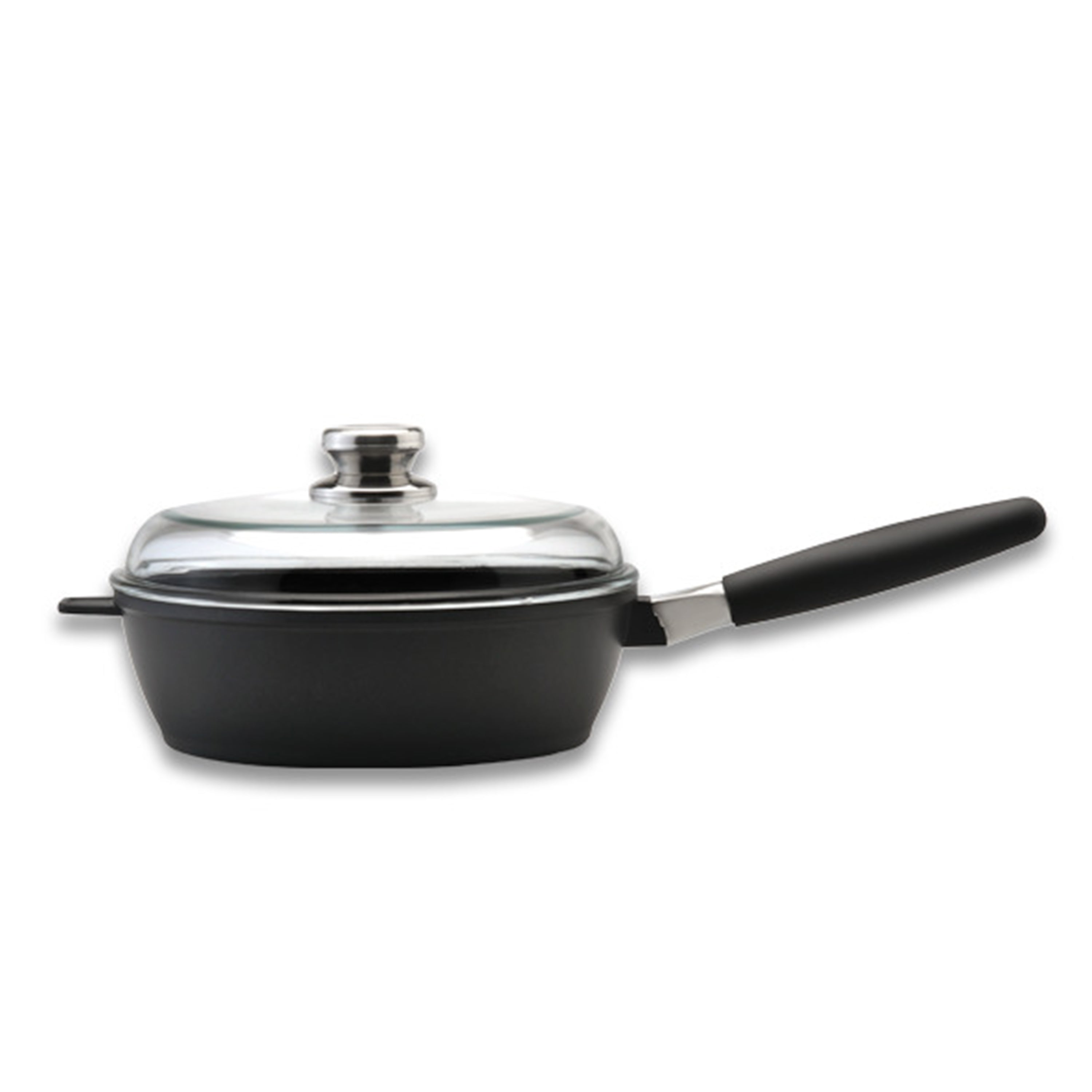BergHOFF Scala Non-Stick Cast Aluminum 9.5-Inch Saute Pan with Glass Lid & Detachable Handle - 3Qt Black Cookware for Sauteing, Frying & Simmering | Perfect for Gas, Electric & Induction Stovetops