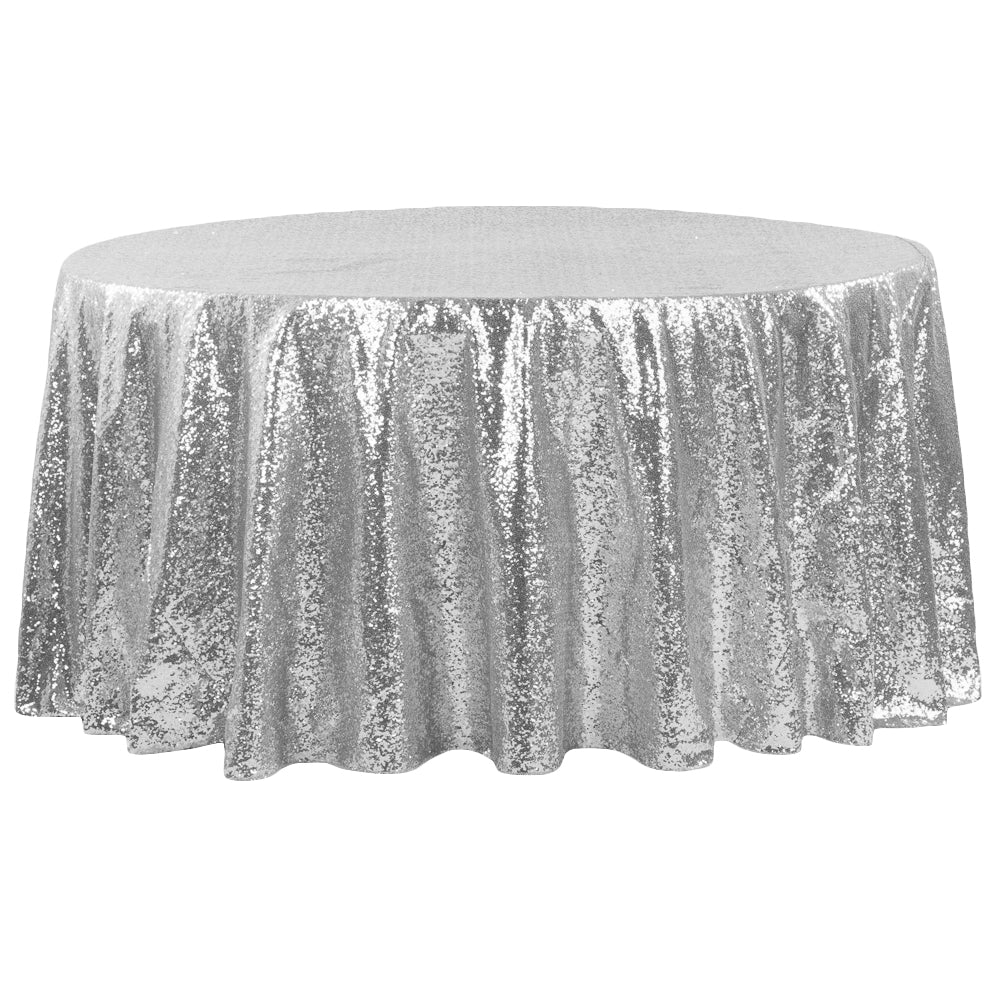 Glitz Sequins 132 Round Tablecloth - Silver Sparkling Party Decor for Weddings, Banquets & Special Events