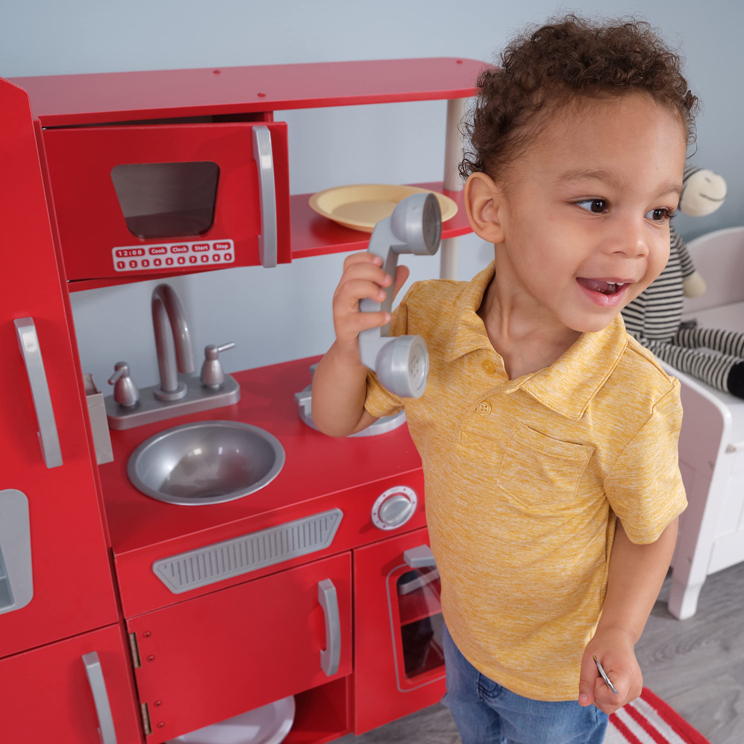 KidKraft Red Vintage Wooden Play Kitchen Set with Stainless Steel-Look Trim & Play Phone - Pretend Cooking Toy for Toddlers & Kids Ages 3+ - Perfect for Imaginative Play, Birthday Gifts & Preschool Learning