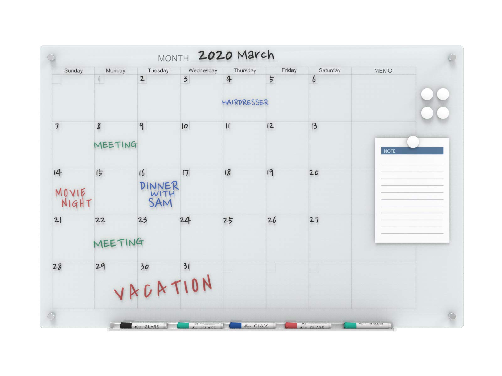 Magnetic Dry-Erase Whiteboard Calendar Set - 4' x 3' Glass Surface with Markers, Magnets & Marker Tray - Perfect for Office, Classroom & Home Organization