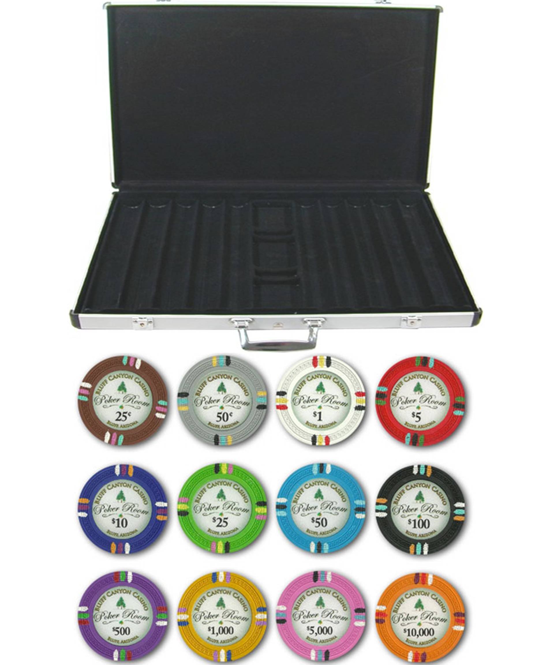 Premium 1000-Piece Deluxe Bluff Canyon 14g Clay Poker Chip Set with Aluminum Case - Includes Playing Cards, Dealer Buttons & Dice for Casino Nights, Home Games & Poker Tournaments