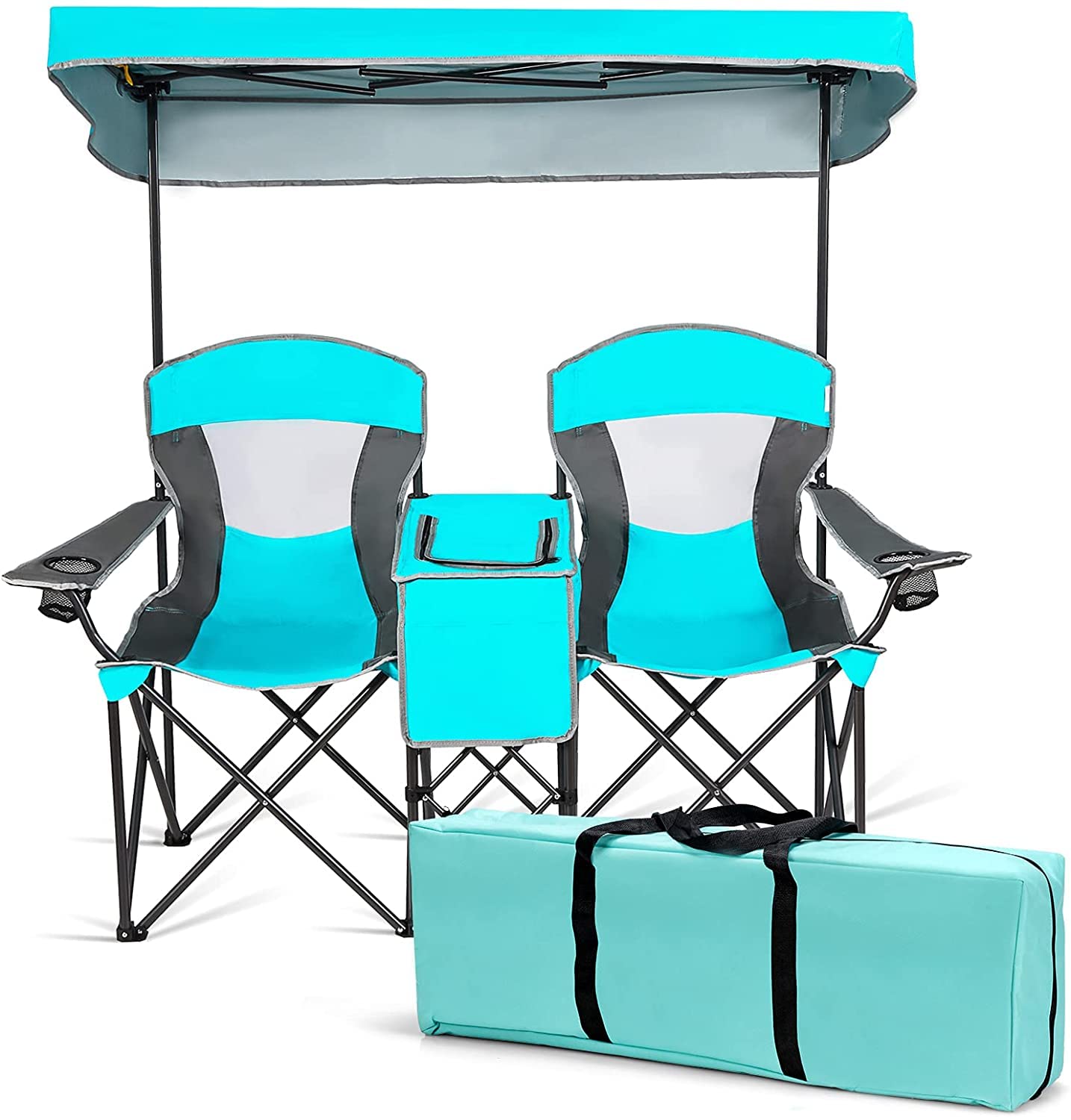 LUARANE Double Camping Chair with Shade Canopy - Portable Folding Beach Chair with Mini Table, Cup Holder & Carry Bag - Perfect for Beach, Park, Pool, Camping, Fishing & Outdoor Adventures