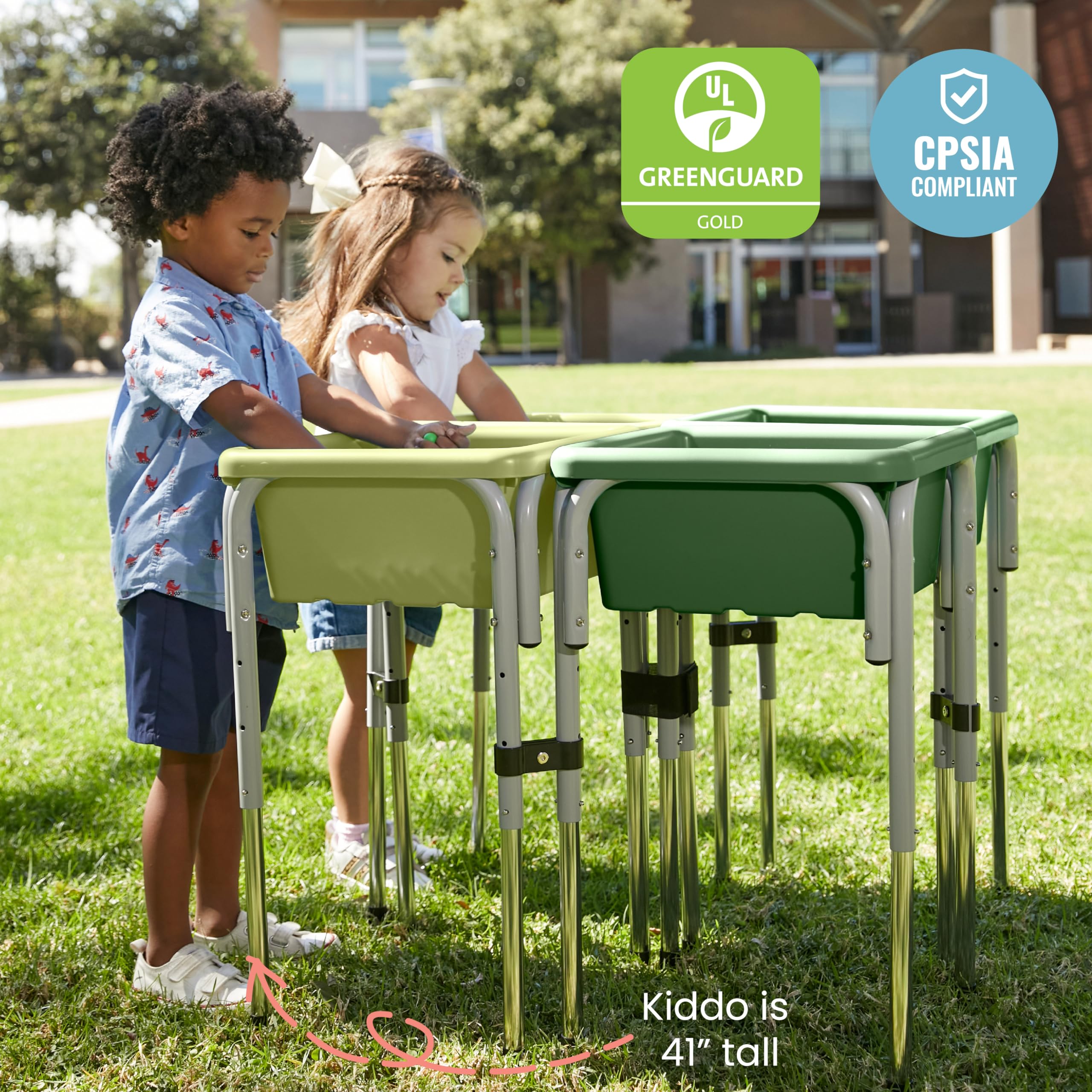 ECR4Kids 4-Station Adjustable Sand and Water Play Table with Sensory Bins - Fern Green & Hunter Green - Outdoor & Indoor Toddler Activity Table for Sensory Play, Preschool Learning, and Backyard Fun