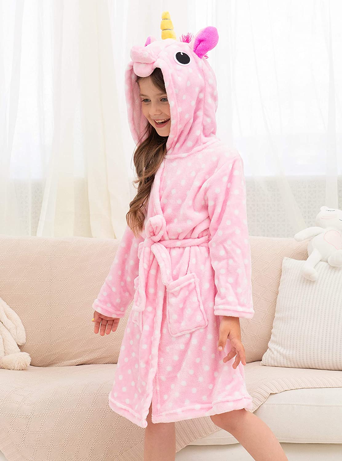 Soft & Cozy Unicorn Dots Bathrobe for Women & Girls - Plush Fleece Robe with Hood for Spa, Lounge & Relaxation at Home