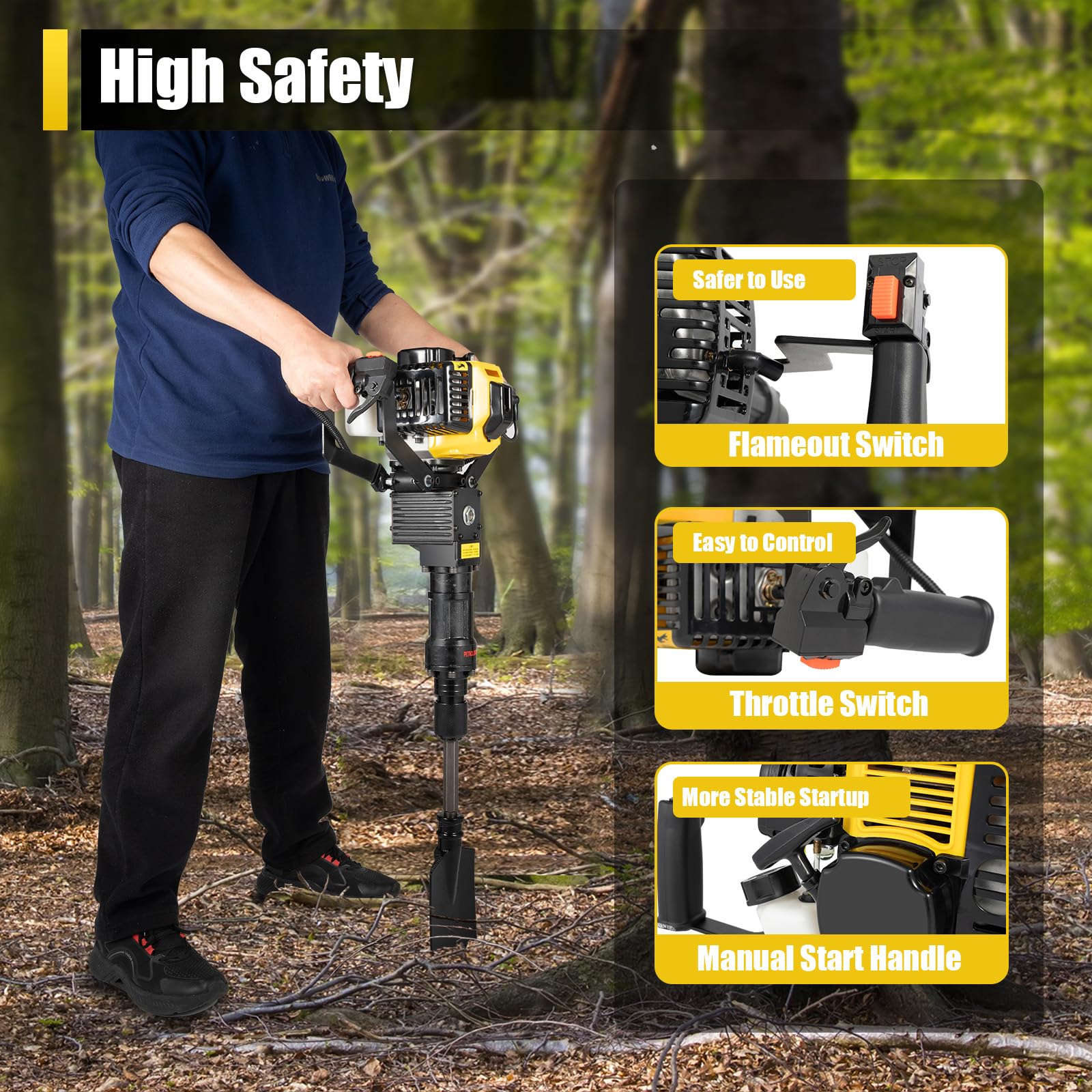 52cc 2-Stroke Gas Powered Handheld Planting Shovel Drill - Portable Single Cylinder Garden Tree Digger & Excavator for Farm, Home & Landscaping | Ideal for Digging Holes, Planting Trees & Garden Maintenance