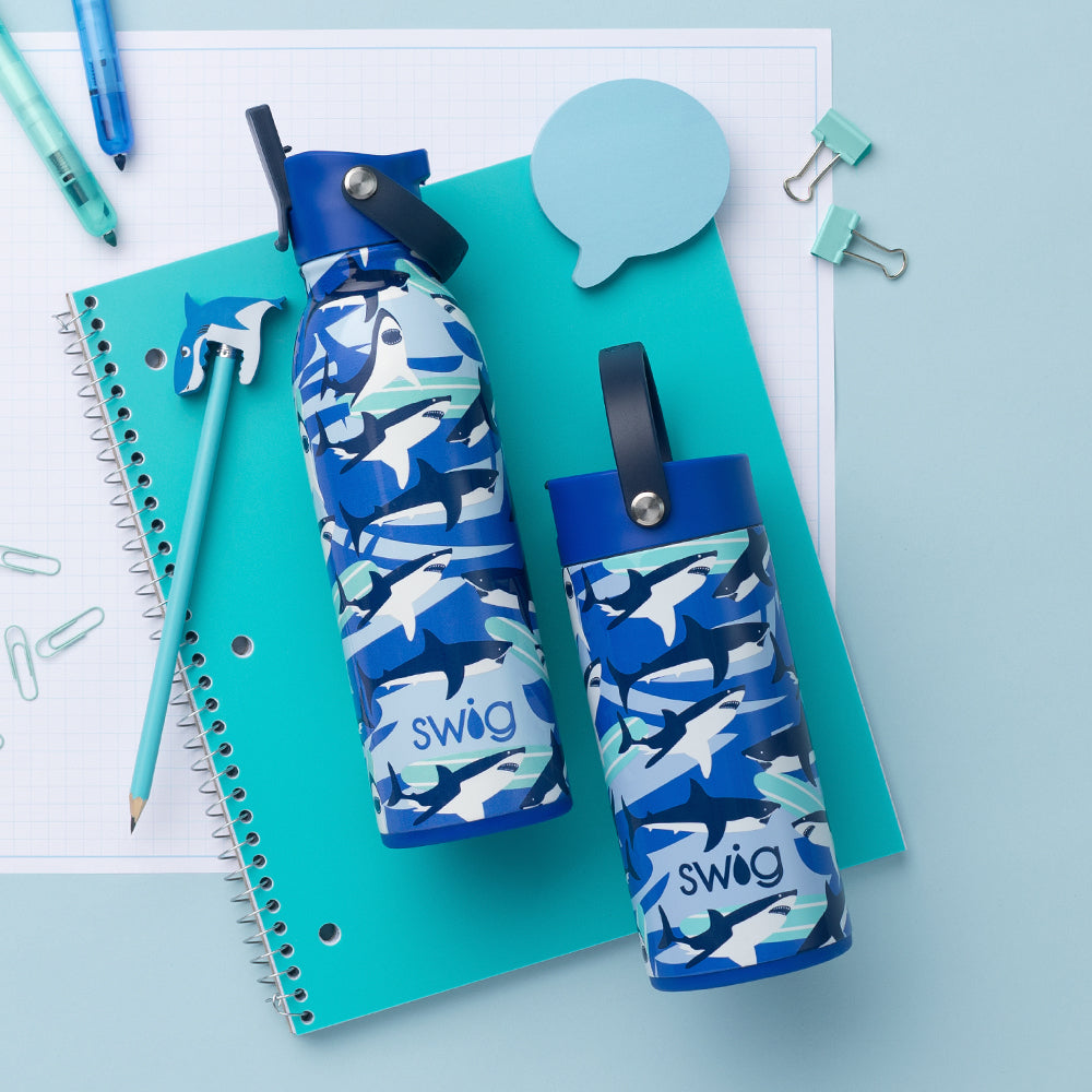 Shark Fin Flip + Sip 16oz Water Bottle - Leak Proof, BPA Free Stainless Steel Tumbler for Kids - Perfect for School, Sports & Outdoor Activities