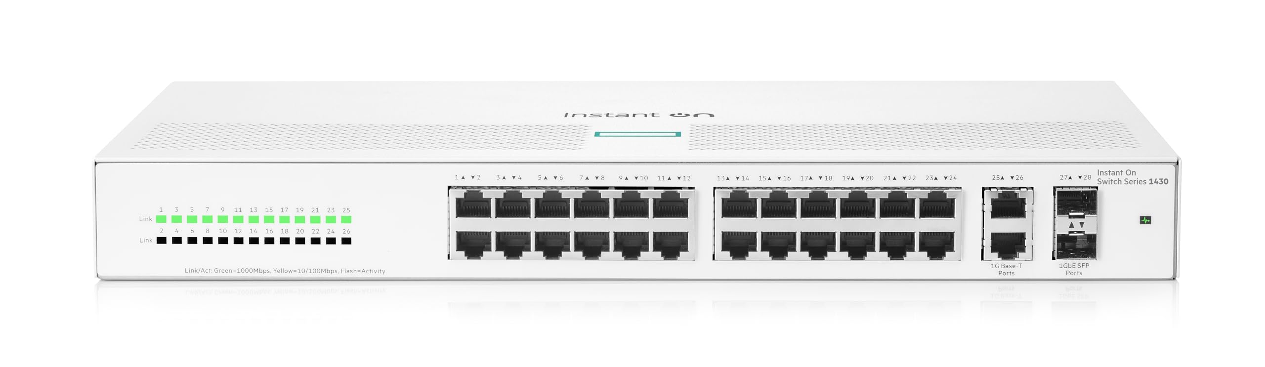 HPE Networking Instant On 1430 26-Port Gigabit Unmanaged Layer 2 Ethernet Switch | 26x 1G Ports + 2x SFP Uplinks | Fanless Design | US Power Cord (R8R50A#ABA) | Ideal for Small Business Networks & Home Office Setups