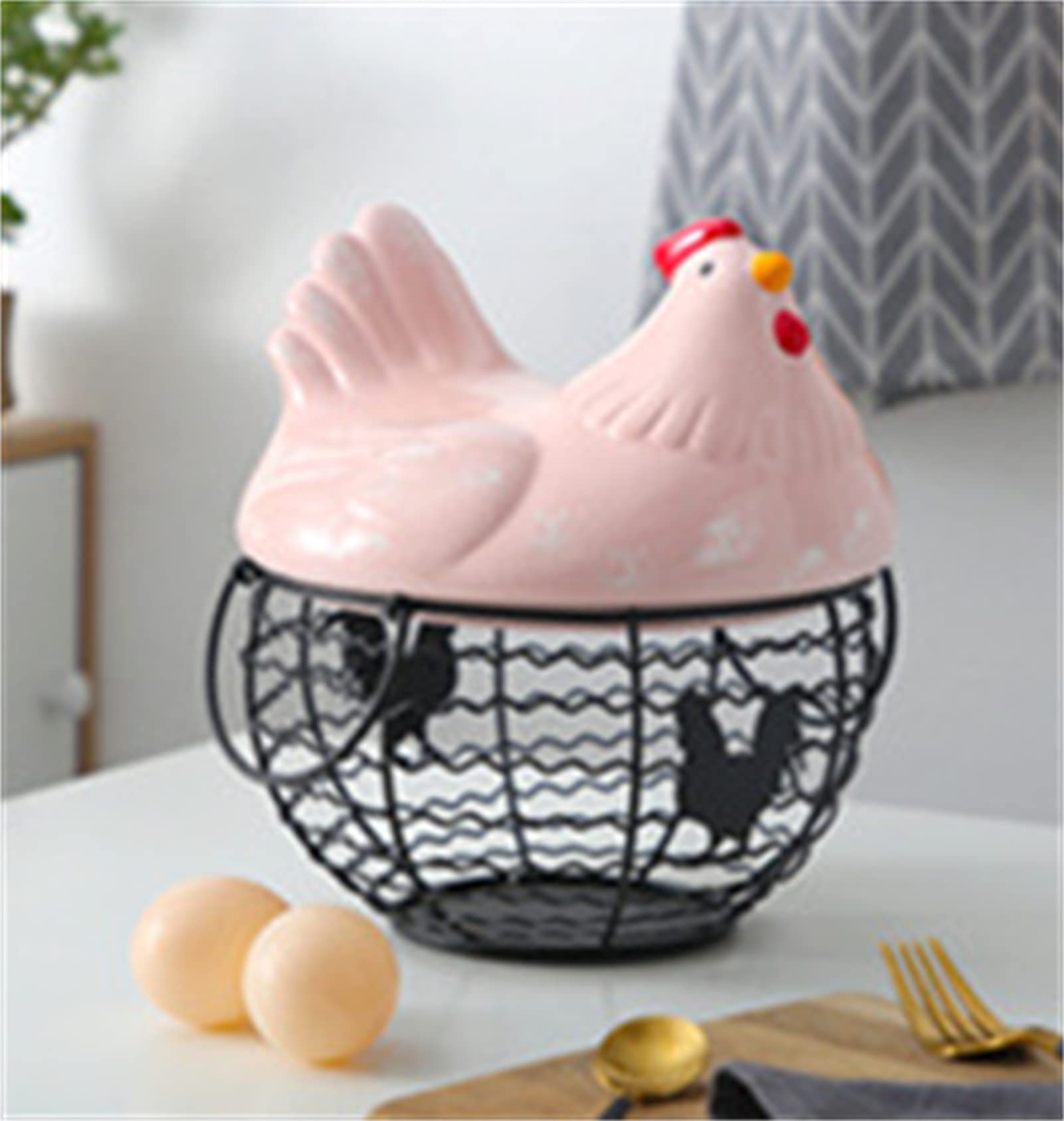 Ceramic Egg Holder Basket with Iron Base & Chicken Lid - Decorative Kitchen Storage Organizer for Eggs - Pink | Perfect for Farmhouse, Rustic, or Vintage Style Kitchens