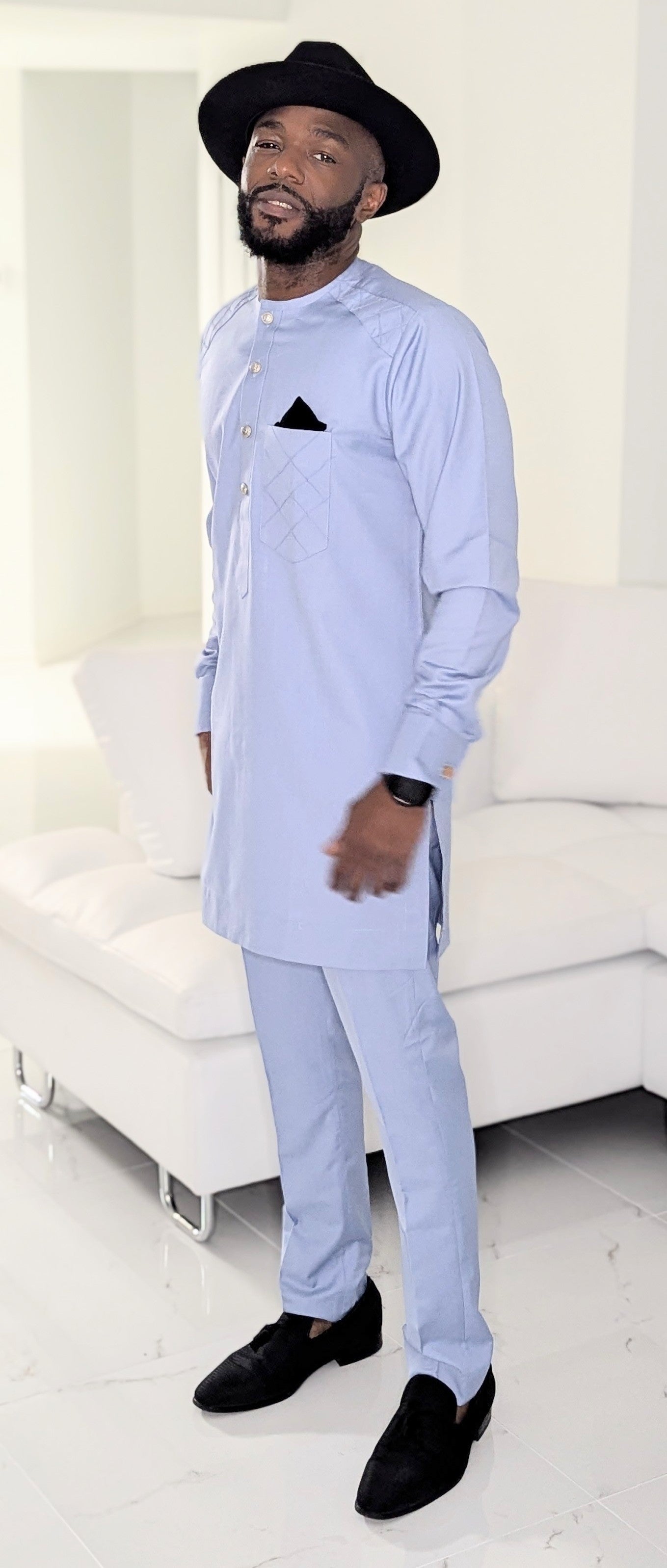 Stylish Blue African Dashiki Senator Suit with Matching Pants | Traditional Nigerian Attire for Men | Perfect for Weddings, Cultural Events & Special Occasions