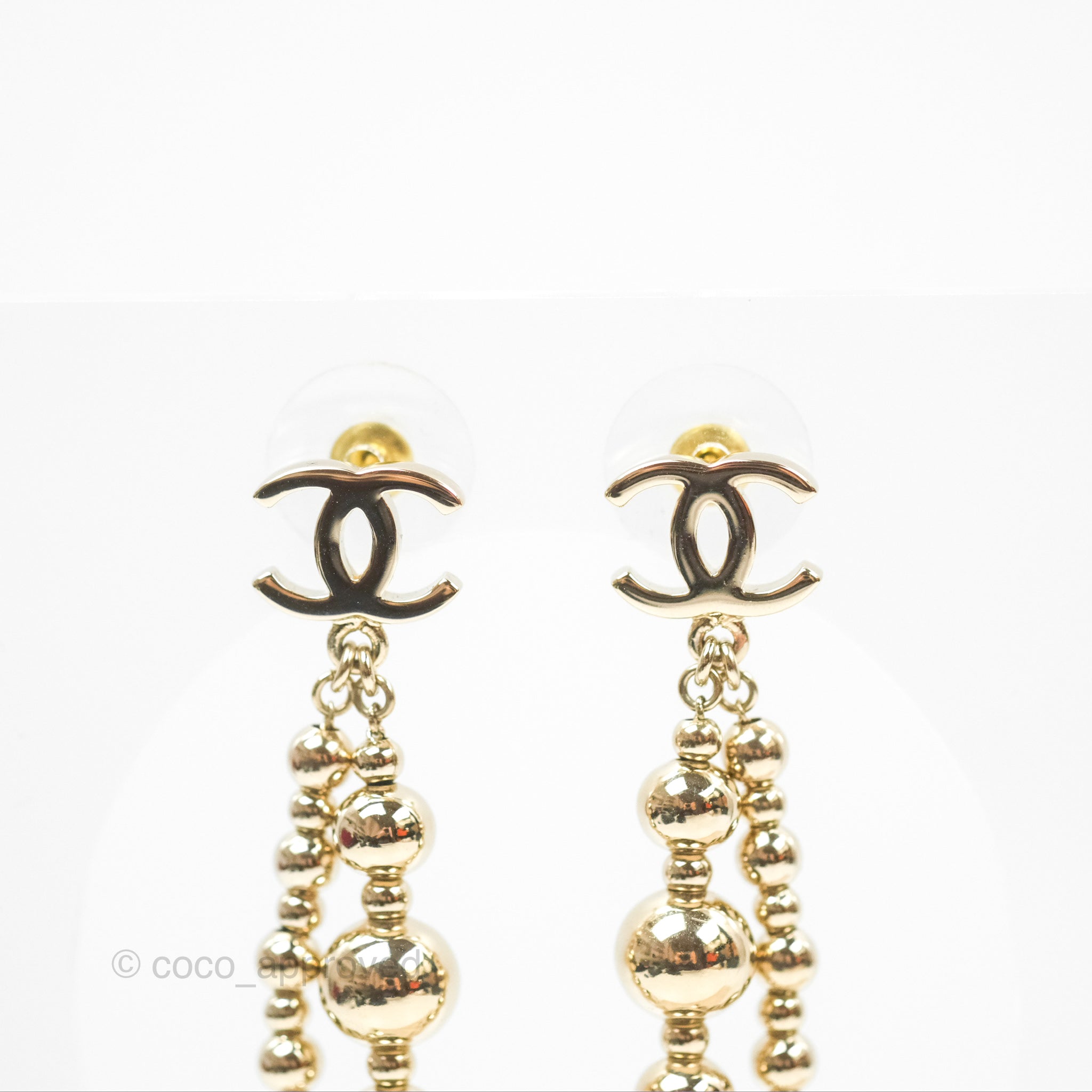 Chanel CC Bead Long Drop Earrings - Gold Tone 21S Collection | Luxury Fashion Jewelry for Women | Perfect for Parties, Weddings & Special Occasions