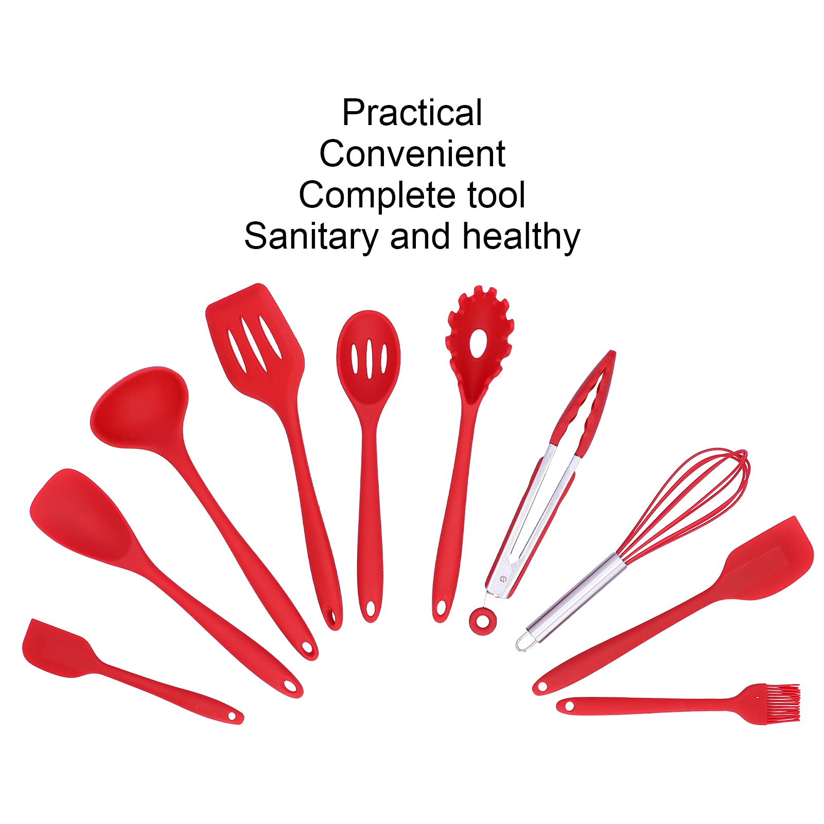 Silicone Kitchen Utensils Set - 10Pcs Non-Stick Spatula, Spoon, Eggbeater & Brush for Home Cooking (Red) - Ideal for Baking, Frying & Everyday Kitchen Use