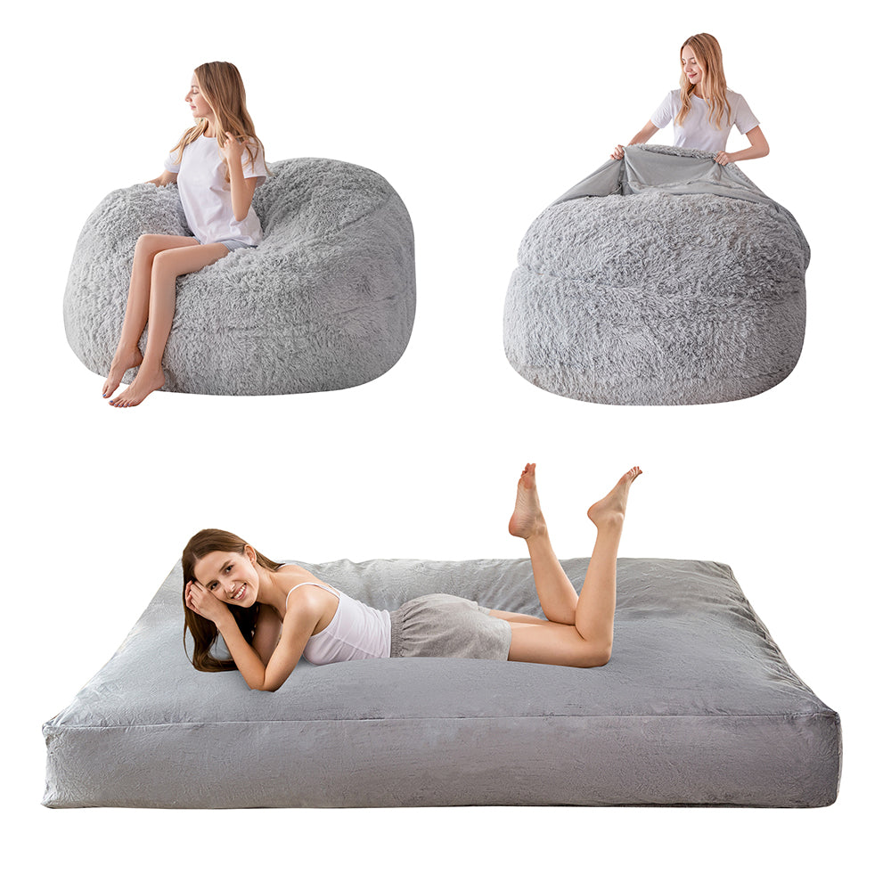MAXYOYO Faux Fur Bean Bag Chair - Convertible Velvet Floor Bed with Removable Cover, Grey | Cozy Lounge Chair for Bedroom, Living Room & Game Room