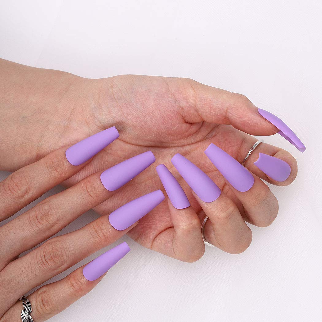 Long Press on Nails Coffin Purple Fake Nails - 24PCS Matte Ballerina Full Cover Artificial False Nails for Women & Girls - Perfect for Parties, Weddings, and Special Occasions