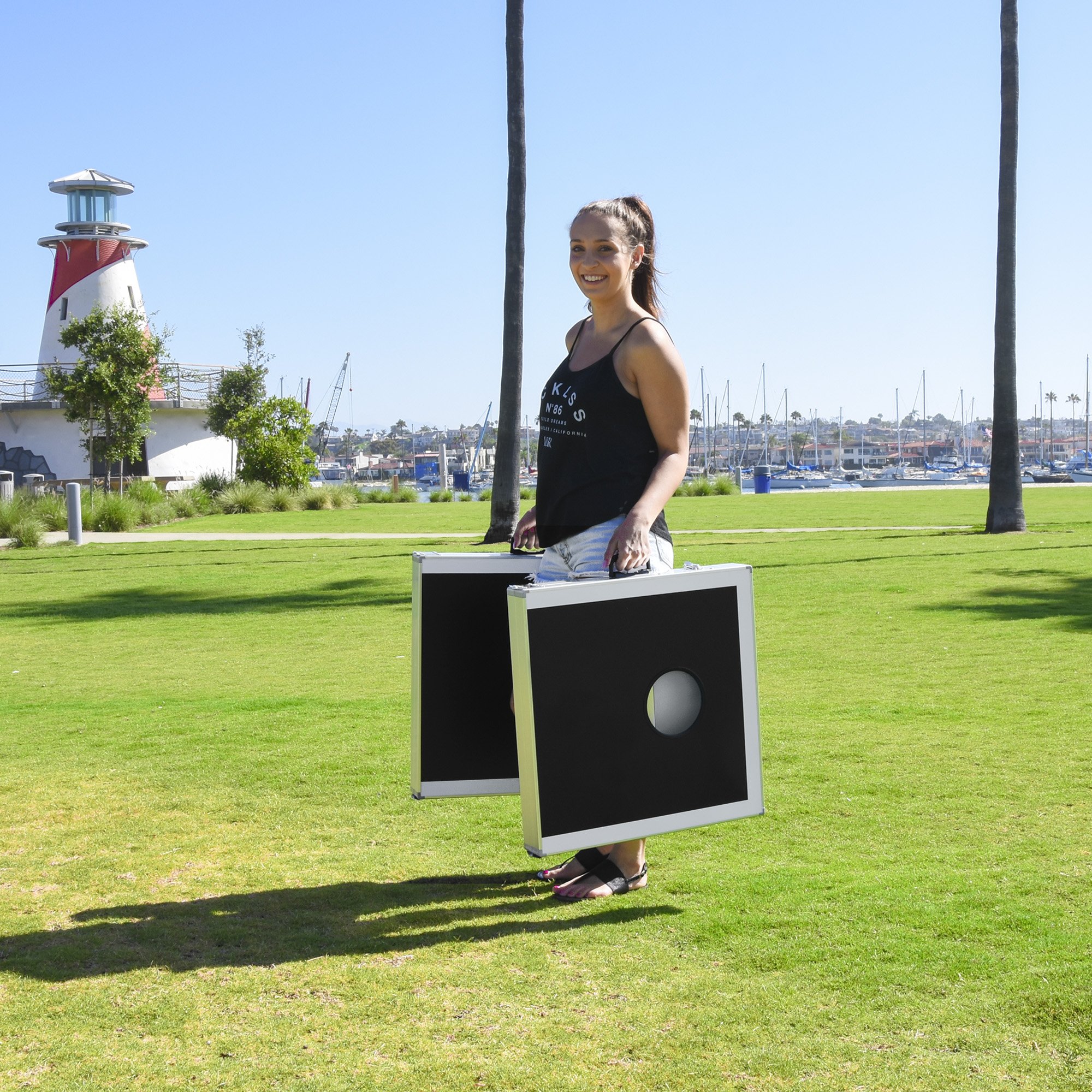 GoSports 4x2 ft Aluminum Cornhole Game Set with LED Lights or Standard - 2 Foldable Regulation Boards & 8 Bean Bags - Perfect for Backyard Parties, Tailgating, and Outdoor Events