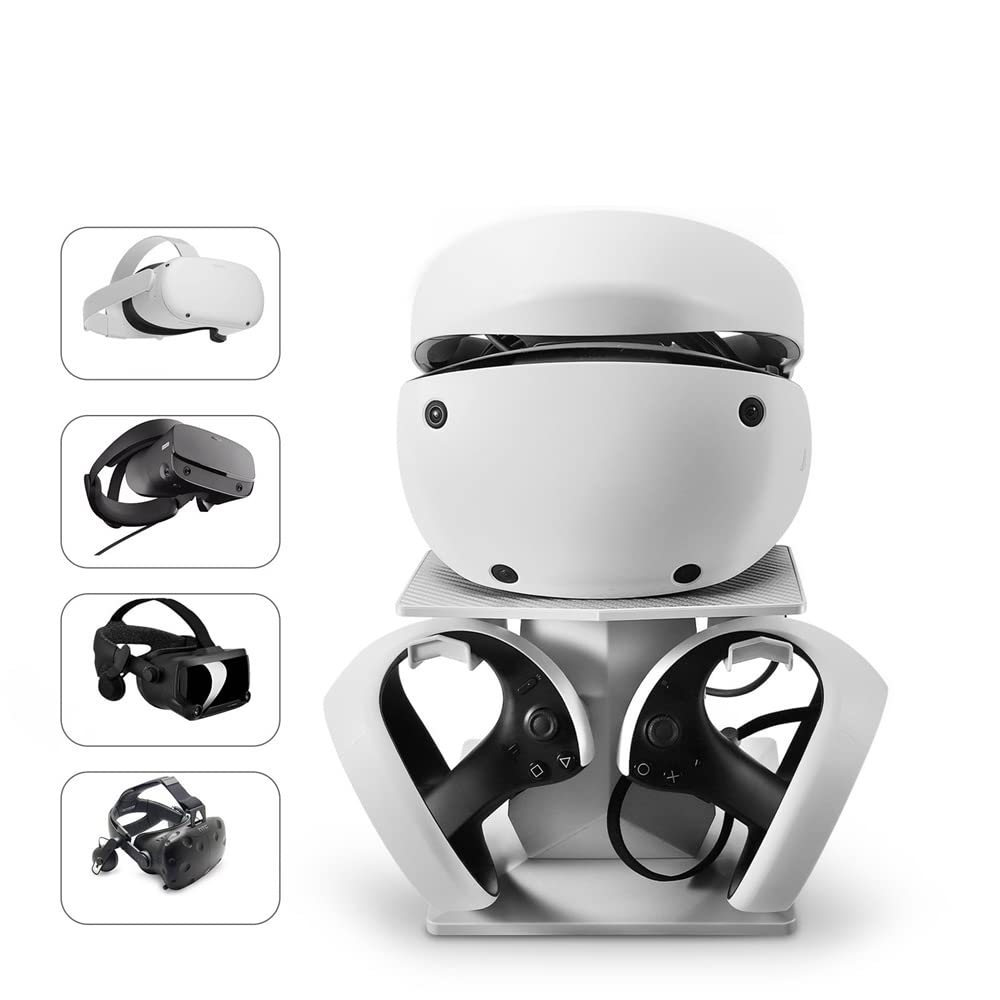 VR Headset Stand & Controller Holder for PSVR2, Pico 4, HTC VIVE Focus 3 - Gaming Accessories Organizer with Display Stand for PS VR2 - Perfect for VR Gaming Setup & Desk Organization (Black)