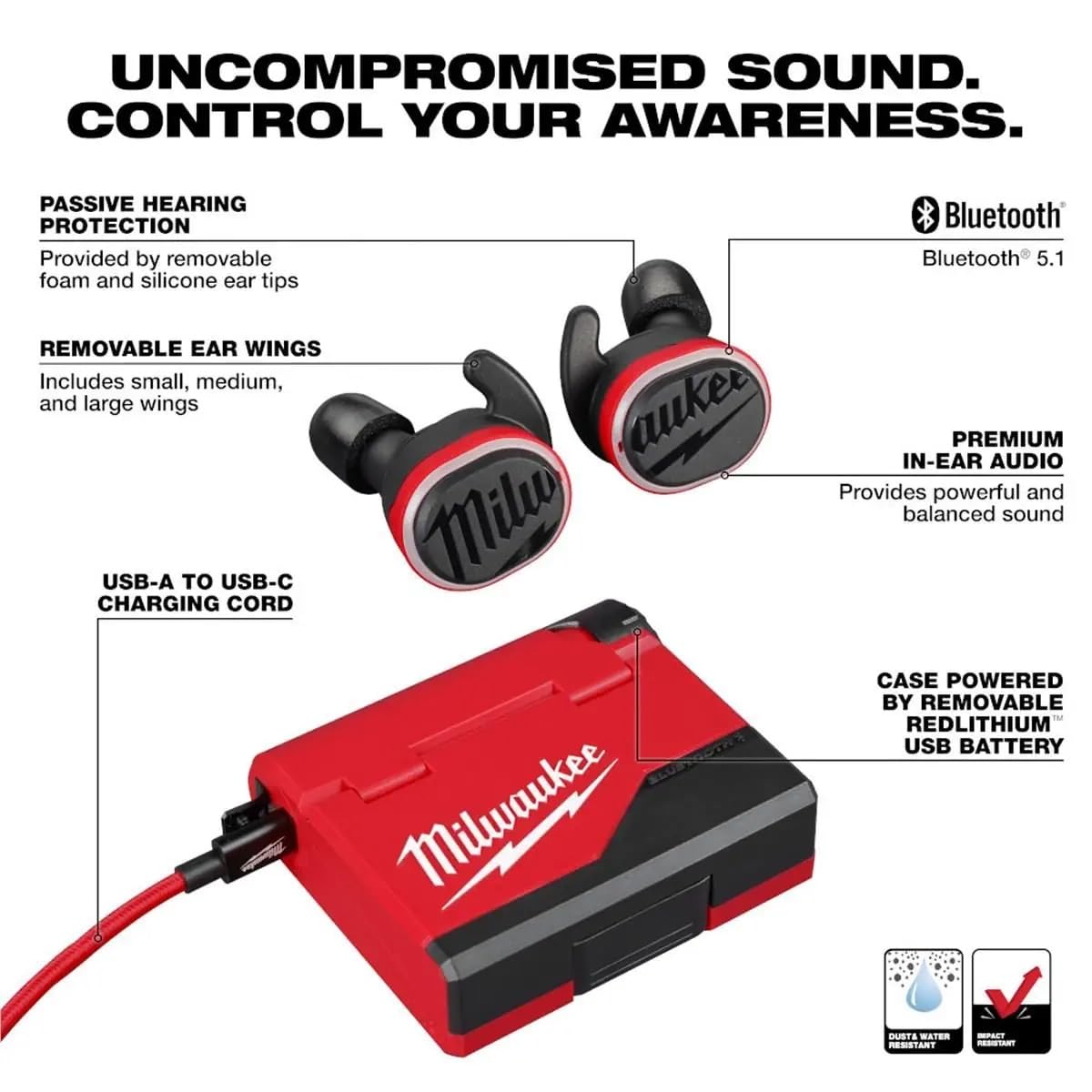 Milwaukee 2191-21 REDLITHIUM USB Bluetooth Jobsite Ear Buds - Wireless Noise Cancelling Earbuds for Construction, Work & Outdoor Activities